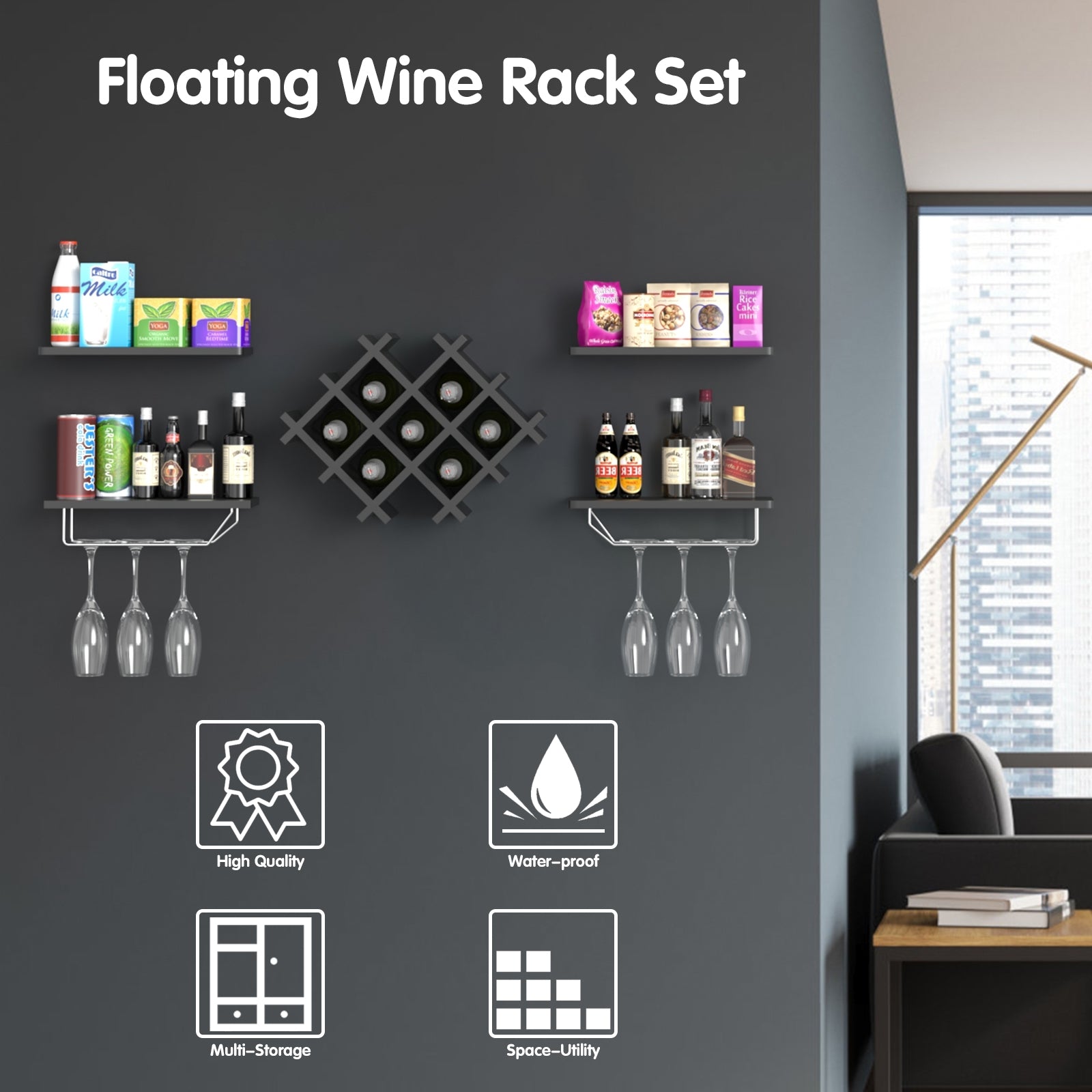 Set of 5 Wall Mount Wine Rack Set w/ Storage Shelves, Black Wine Racks at Gallery Canada