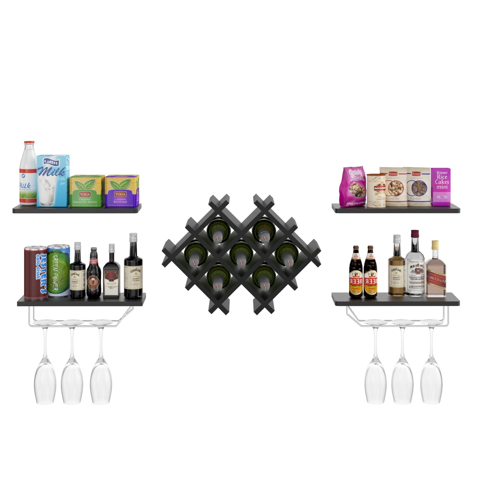 Set of 5 Wall Mount Wine Rack Set w/ Storage Shelves, Black Wine Racks at Gallery Canada