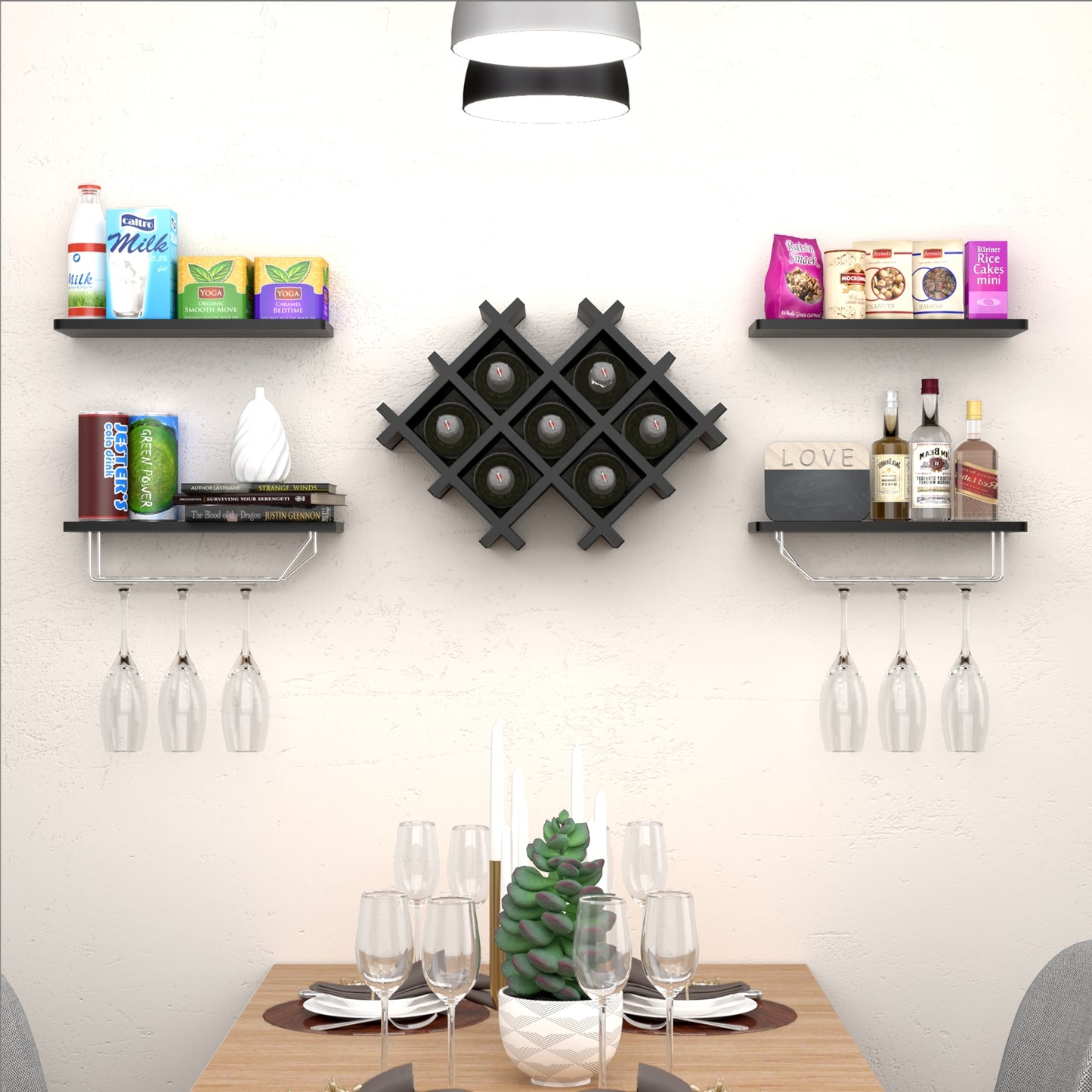 Set of 5 Wall Mount Wine Rack Set w/ Storage Shelves, Black Wine Racks at Gallery Canada