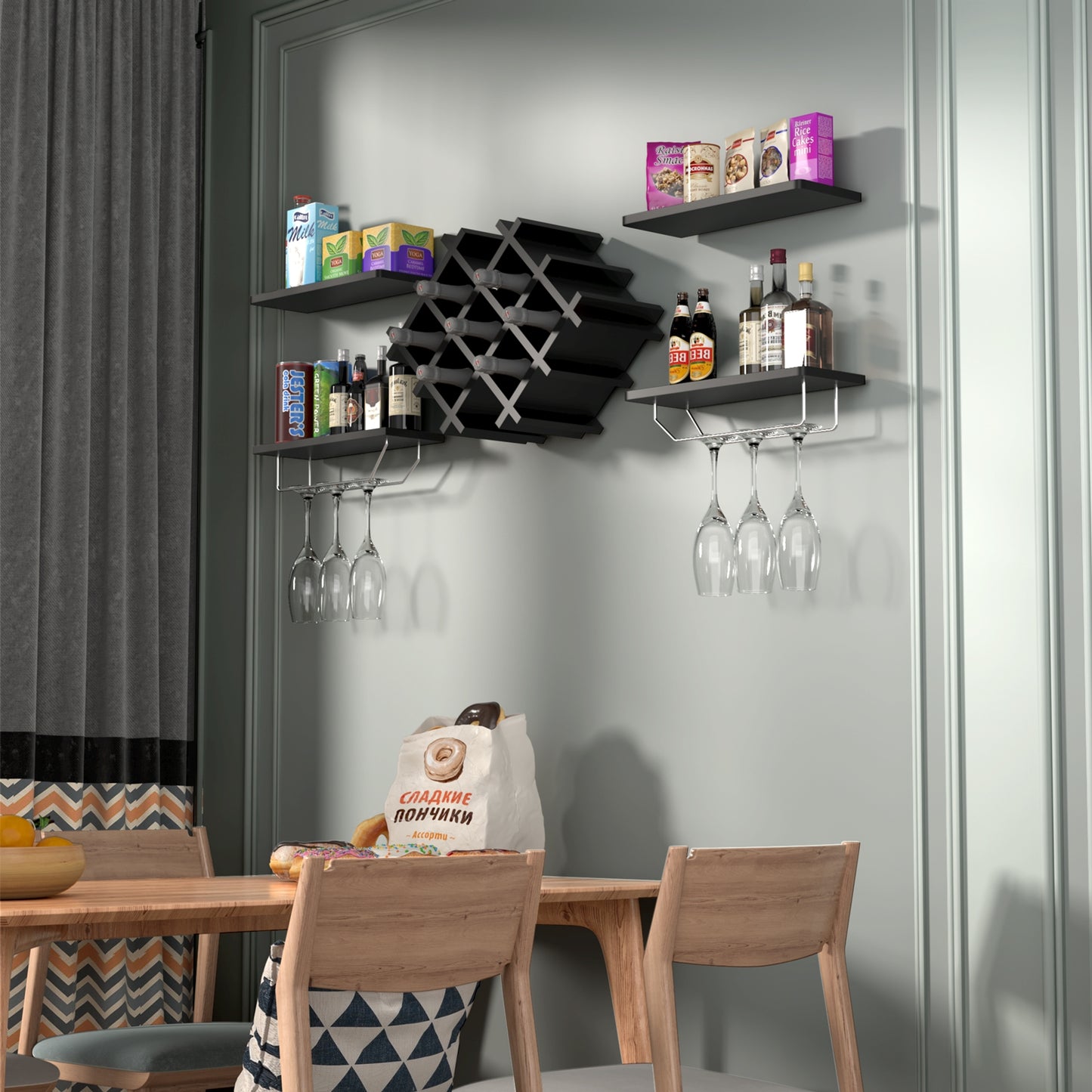 Set of 5 Wall Mount Wine Rack Set w/ Storage Shelves, Black Wine Racks at Gallery Canada