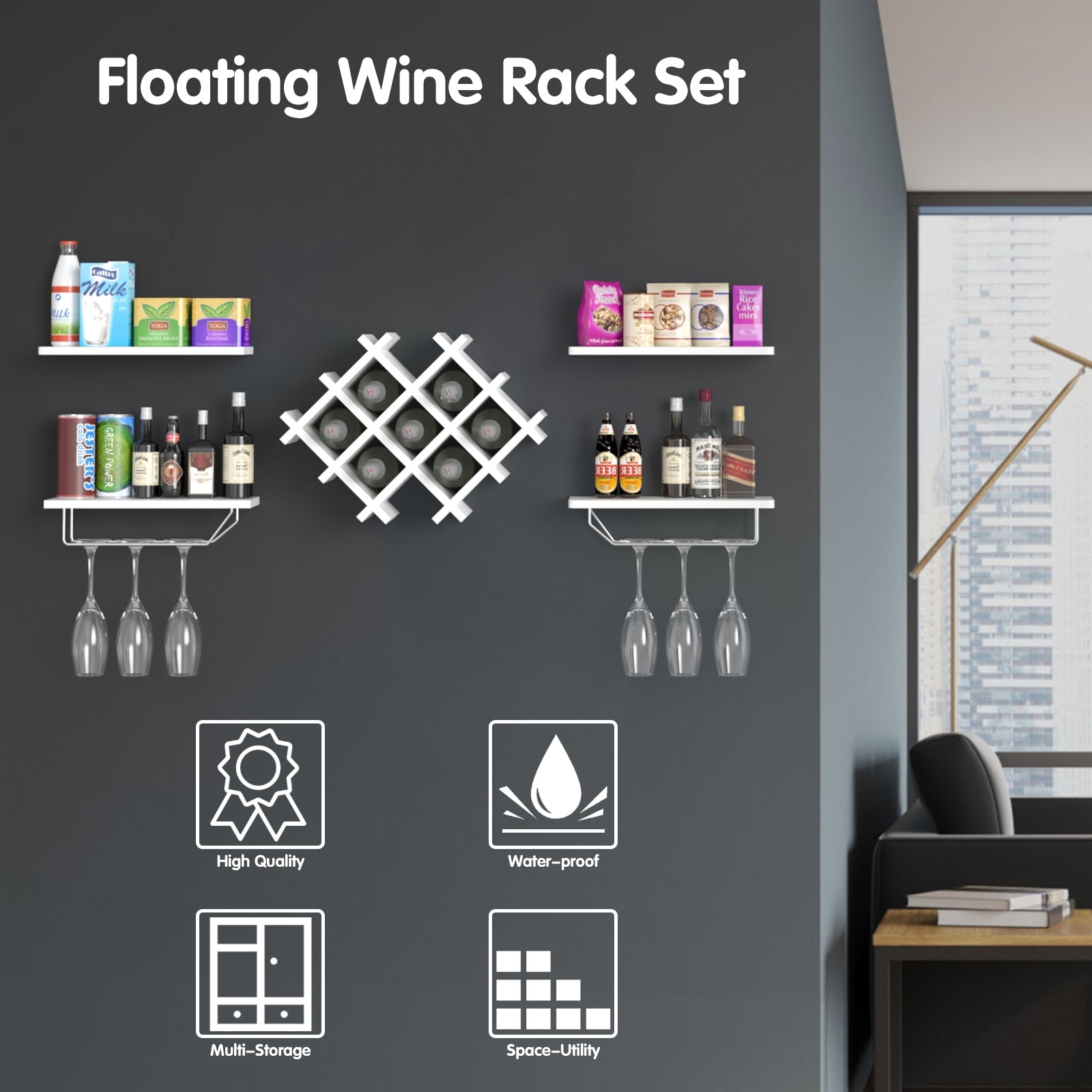 Set of 5 Wall Mount Wine Rack Set w/ Storage Shelves, White Wine Racks at Gallery Canada