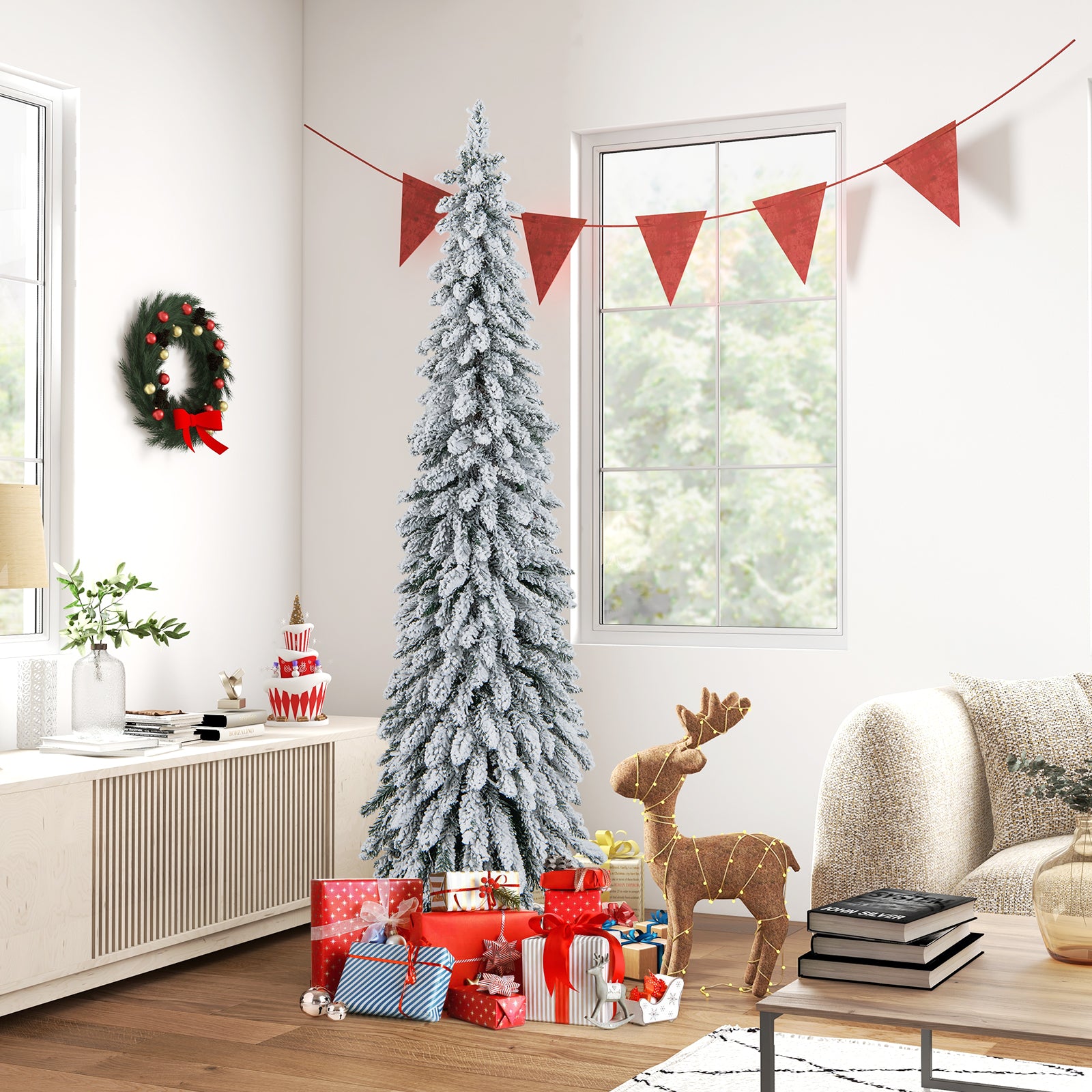 4/5/6 Feet Pre-Lit Artificial Christmas Tree Snow-Flocked Slim Pencil Xmas Decor-6 ft, White Christmas Tree at Gallery Canada
