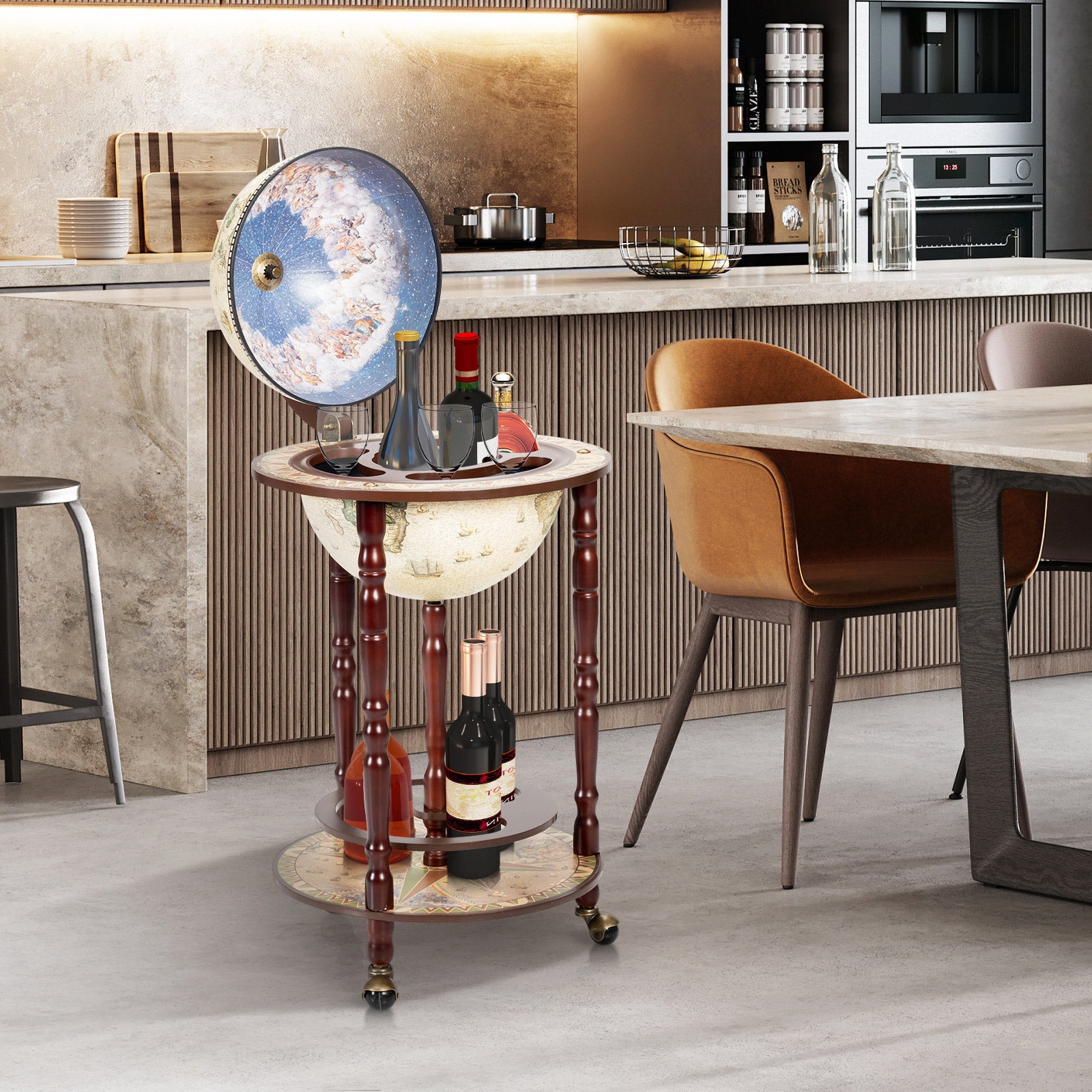 17 Inch Italian Style Design Wooden Globe Liquor Bottle Wine Rack with Wheels, White Wine Racks at Gallery Canada