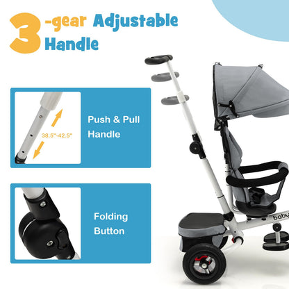 Folding Tricycle Baby Stroller with Reversible Seat and Adjustable Canopy, Gray