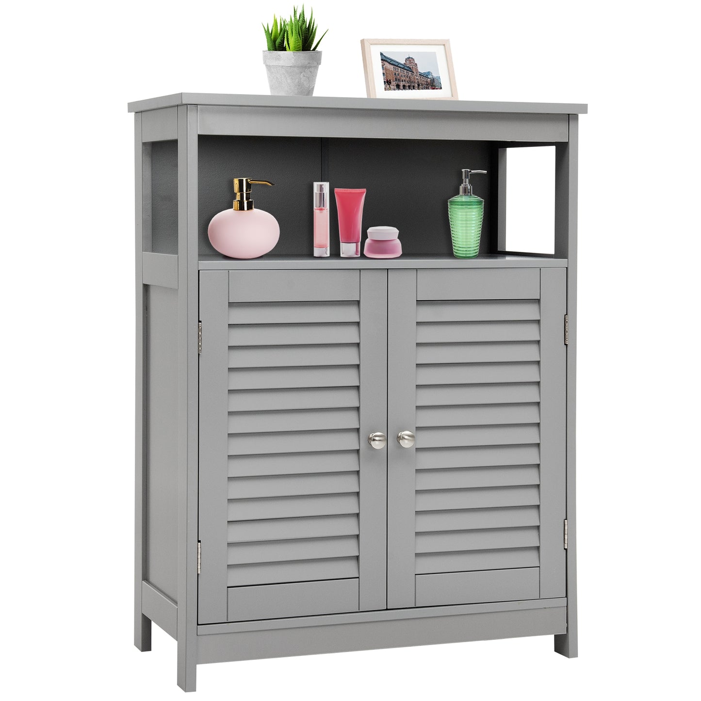 Wood Freestanding Bathroom Storage Cabinet with Double Shutter Door, Gray Floor Cabinets at Gallery Canada