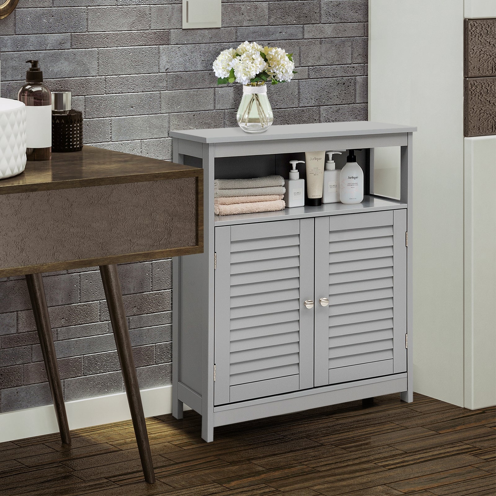 Wood Freestanding Bathroom Storage Cabinet with Double Shutter Door, Gray Floor Cabinets at Gallery Canada