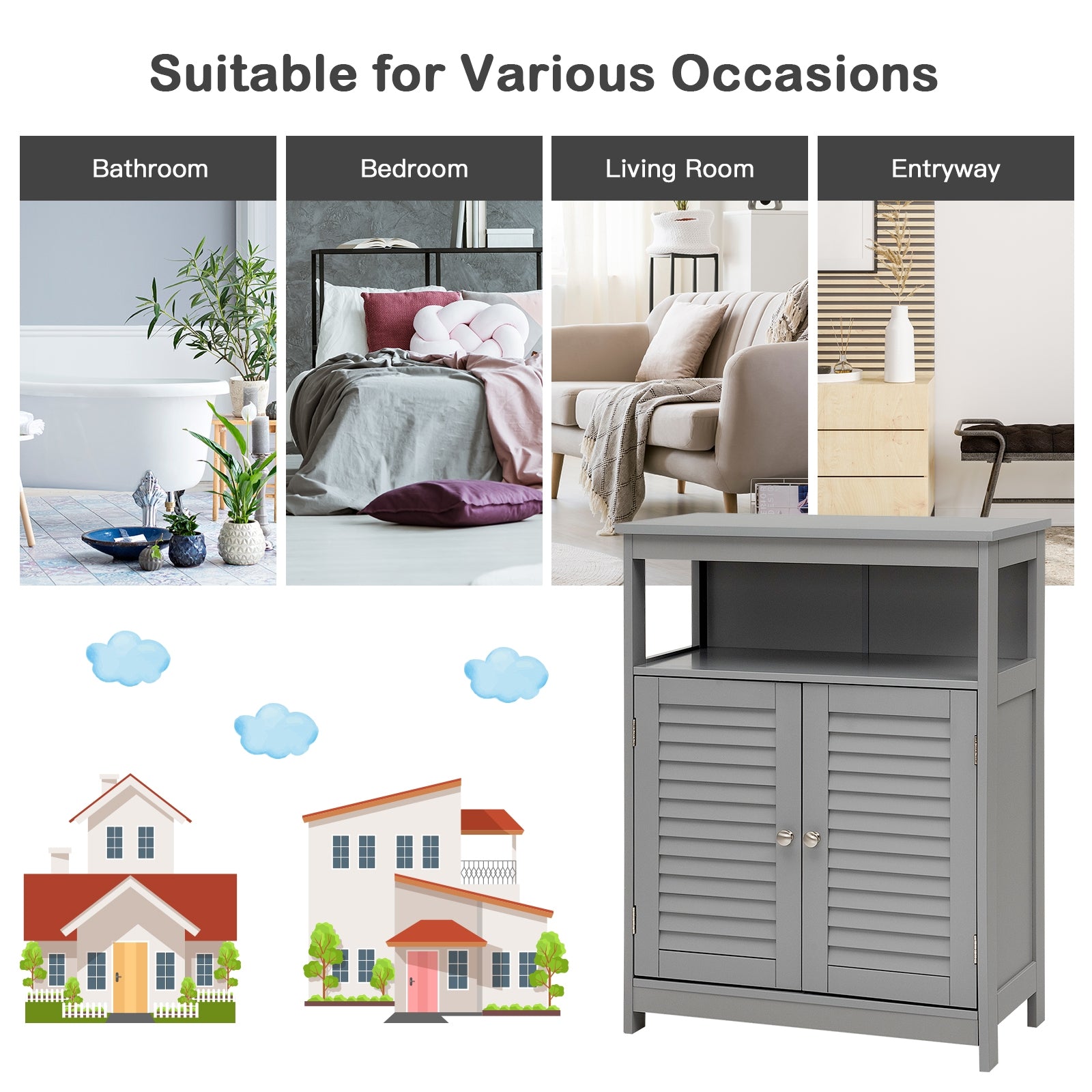 Wood Freestanding Bathroom Storage Cabinet with Double Shutter Door, Gray Floor Cabinets at Gallery Canada