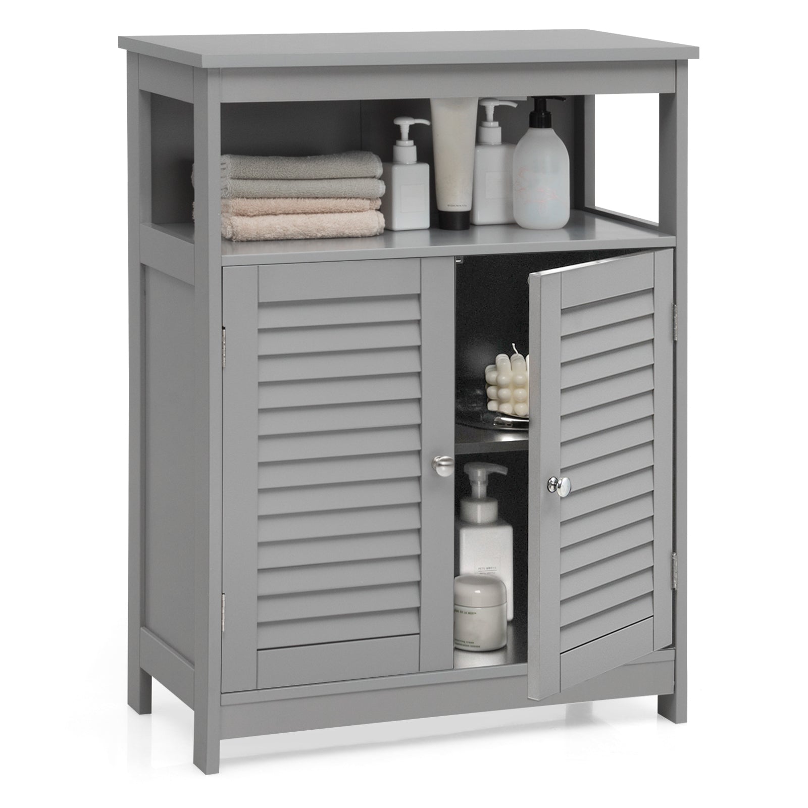 Wood Freestanding Bathroom Storage Cabinet with Double Shutter Door, Gray Floor Cabinets at Gallery Canada