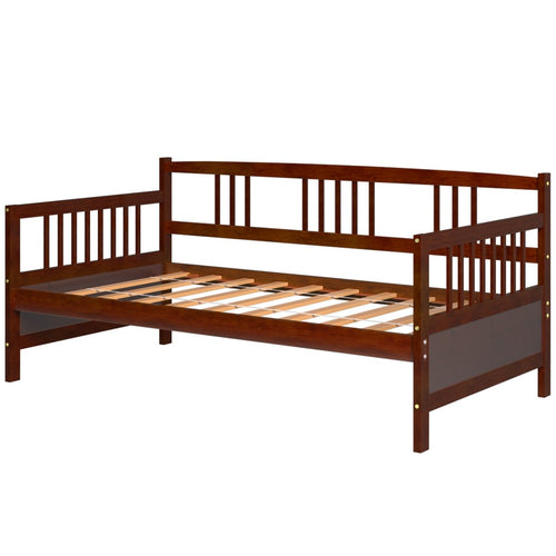 Twin Size Wooden Slats Daybed Bed with Rails, Rustic Brown