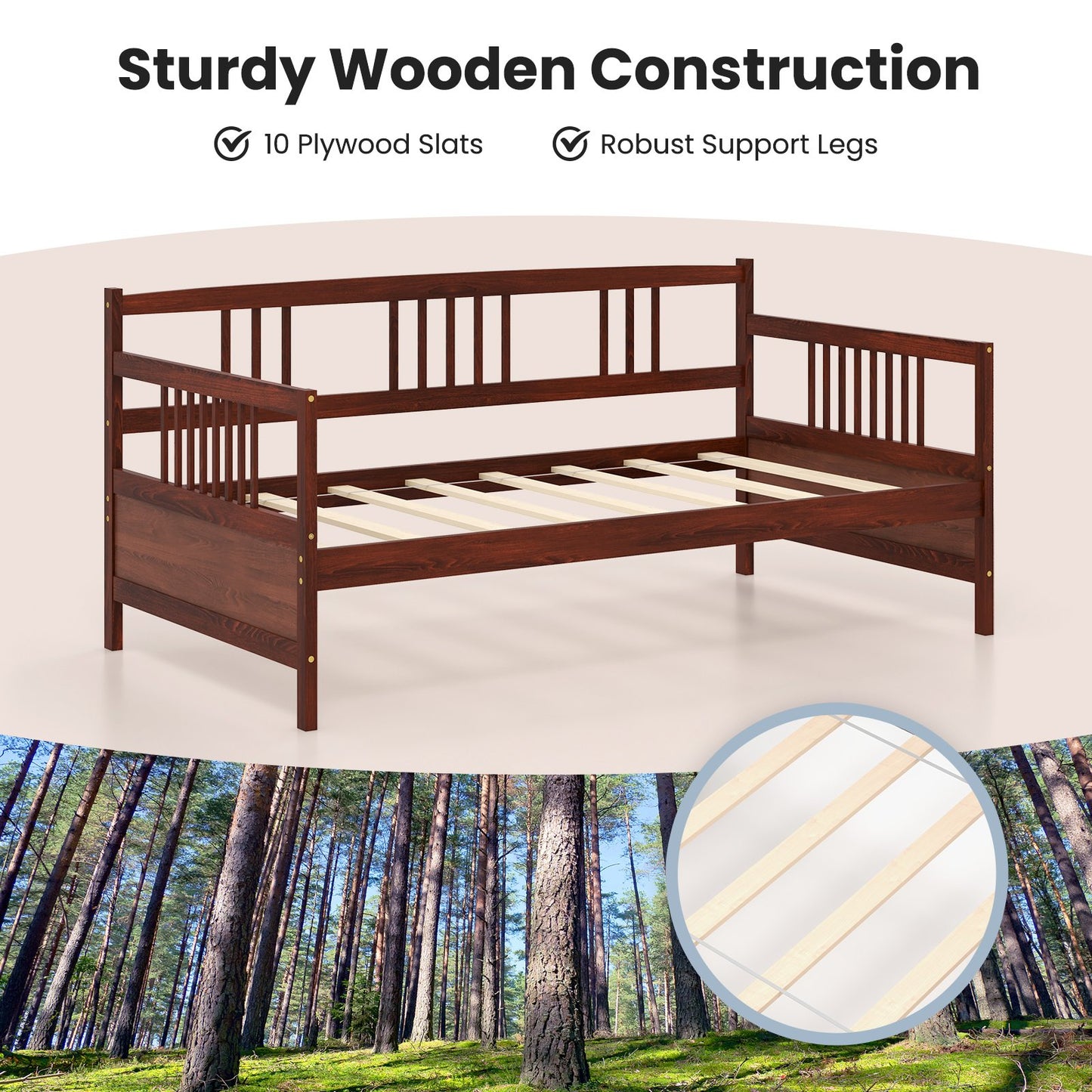 Twin Size Wooden Slats Daybed Bed with Rails, Rustic Brown - Gallery Canada
