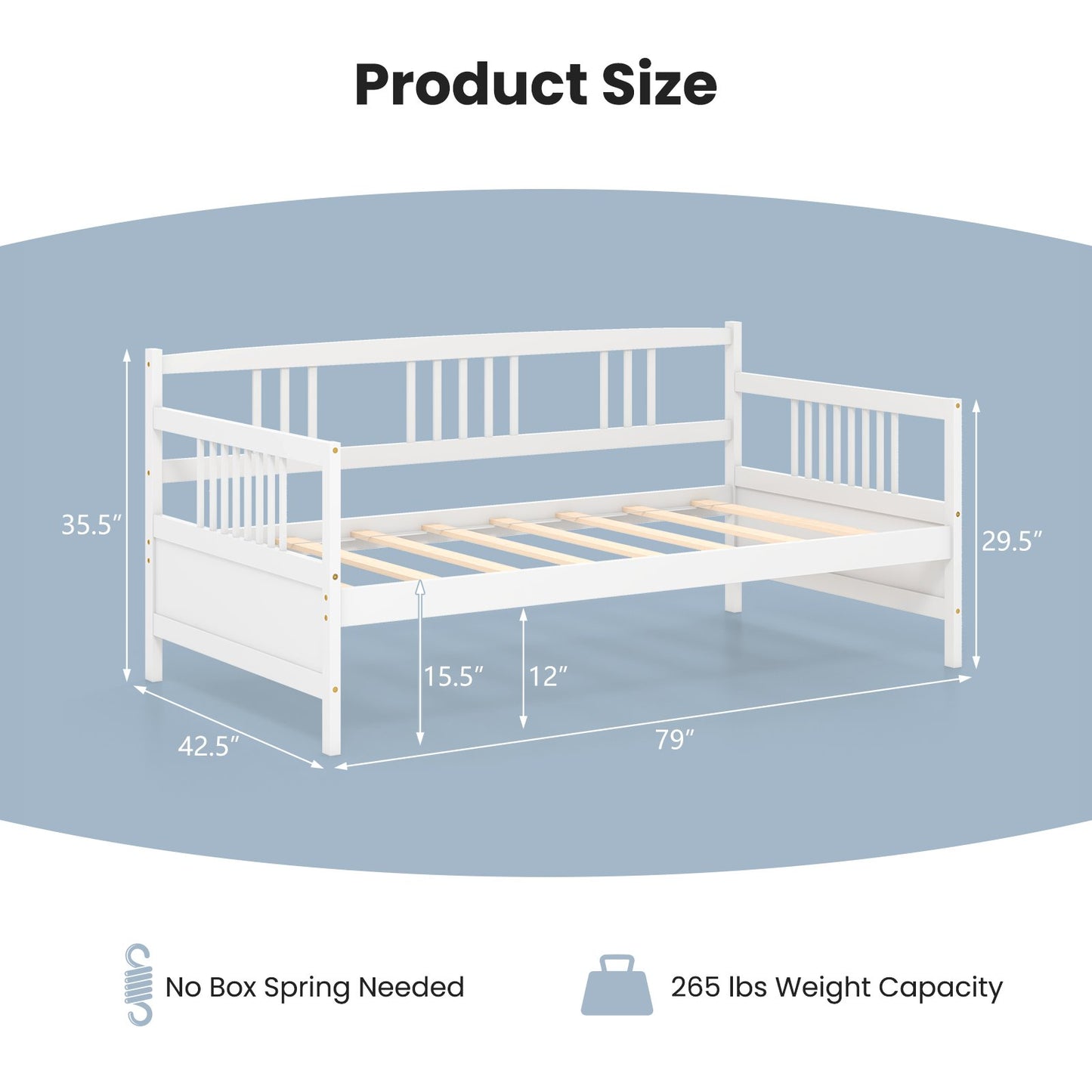 Twin Size Wooden Slats Daybed Bed with Rails, White - Gallery Canada
