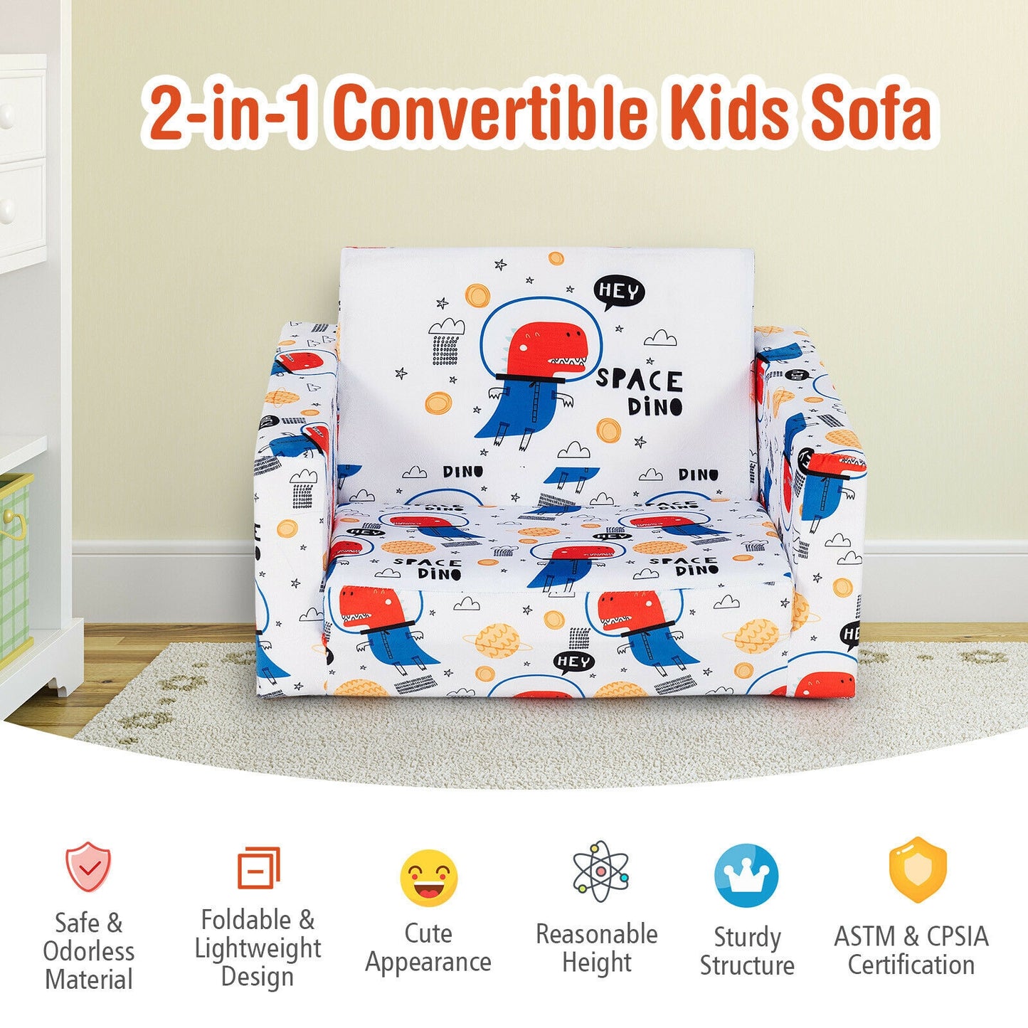 2-in-1 Convertible Kids Sofa with Velvet Fabric, White Kids Chairs & Seating at Gallery Canada