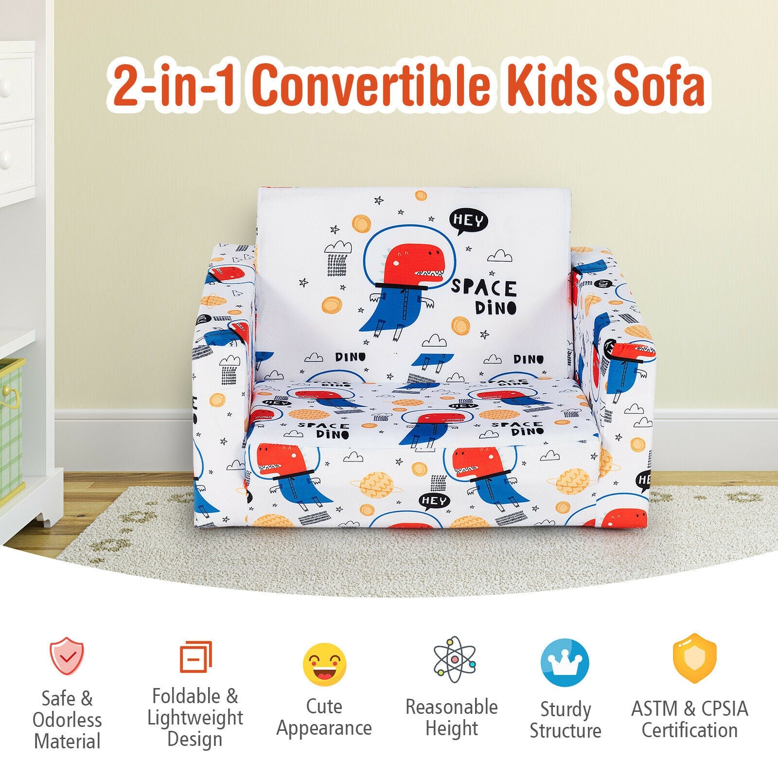 2-in-1 Convertible Kids Sofa with Velvet Fabric, White Kids Chairs & Seating at Gallery Canada