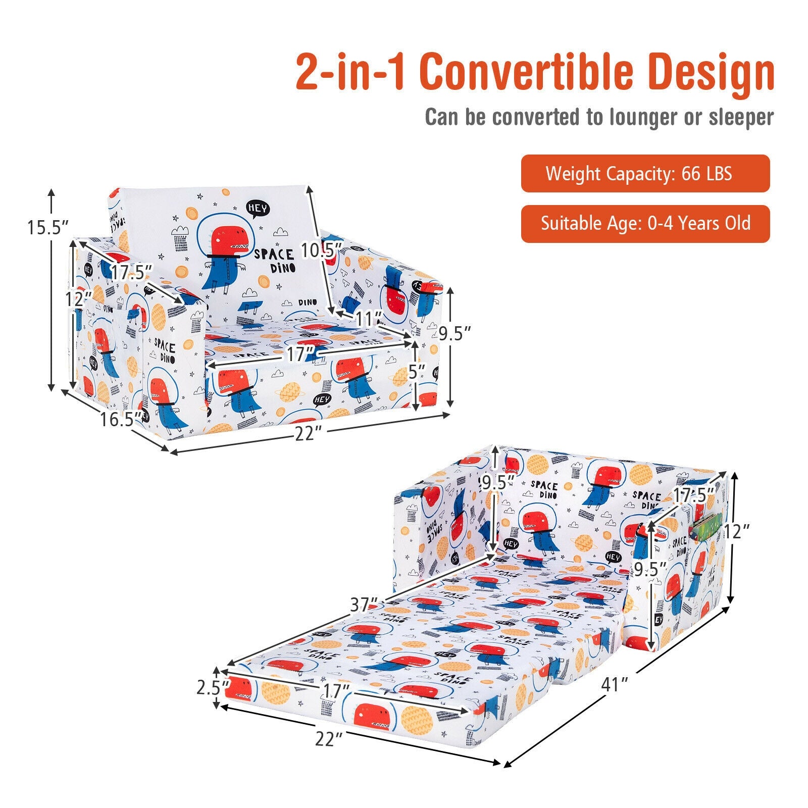 2-in-1 Convertible Kids Sofa with Velvet Fabric, White Kids Chairs & Seating at Gallery Canada