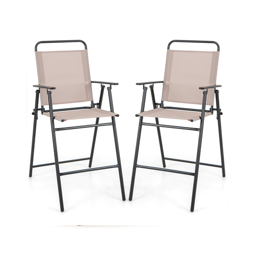 Set of 2 Patio Folding Bar-Height Chairs, Armrests, Quick-Drying Seat, Beige