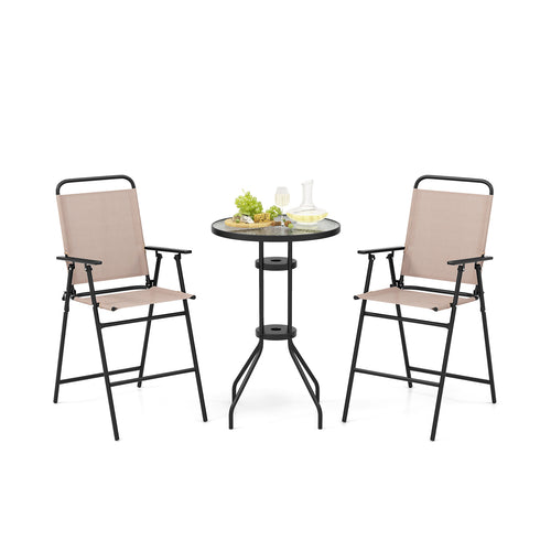 3 Pieces Outdoor Bistro Set with 2 Folding Chairs, Beige