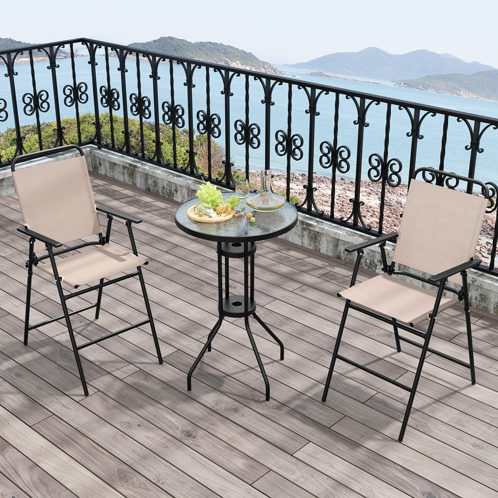 3 Pieces Outdoor Bistro Set with 2 Folding Chairs, Beige Patio Conversation Sets at Gallery Canada