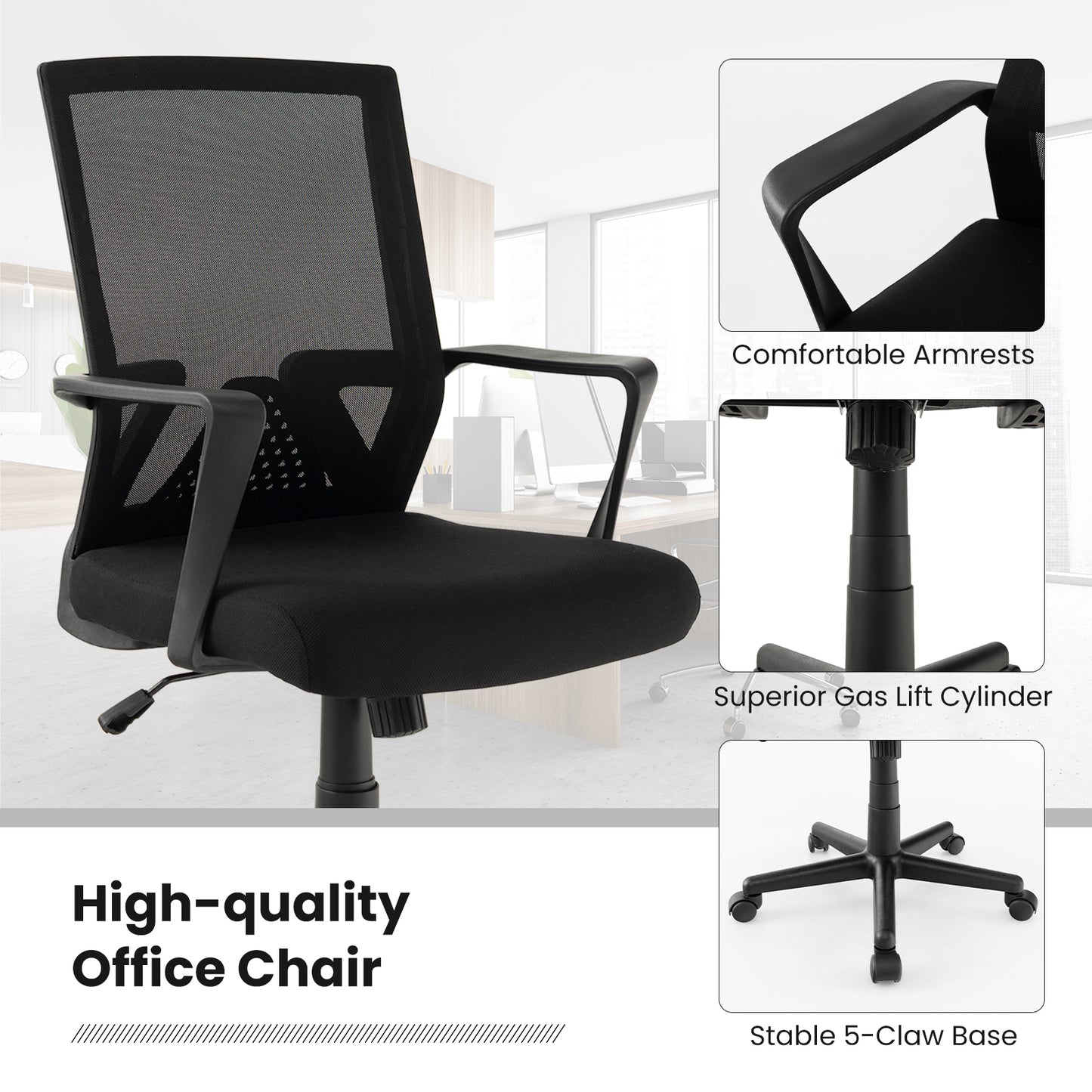 Ergonomic Desk Chair with Lumbar Support and Rocking Function, Black Mesh Chairs at Gallery Canada