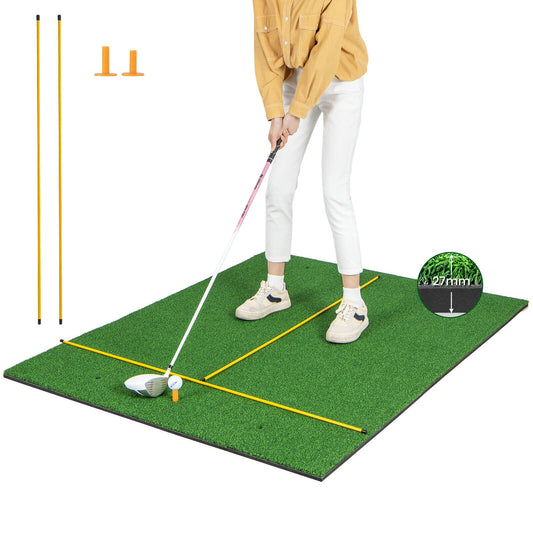 Artificial Turf Mat for Indoor and Outdoor Golf Practice Includes 2 Rubber Tees and 2 Alignment Sticks-27mm, Green