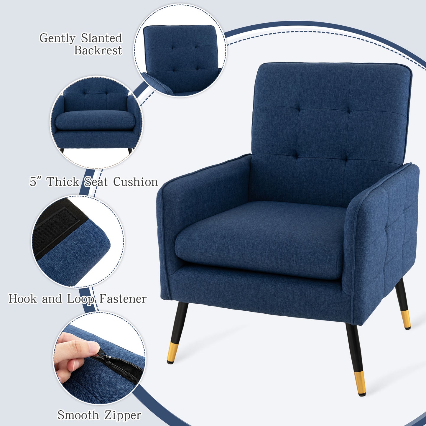 Linen Fabric Accent Chair with Removable Seat Cushion, Blue Accent Chairs at Gallery Canada