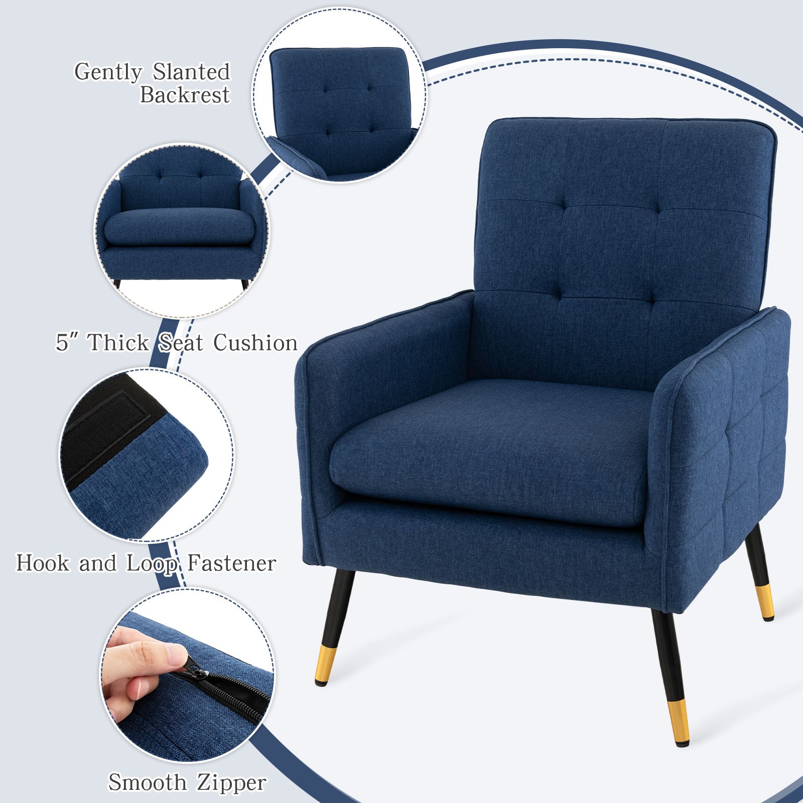 Linen Fabric Accent Chair with Removable Seat Cushion, Blue Accent Chairs at Gallery Canada
