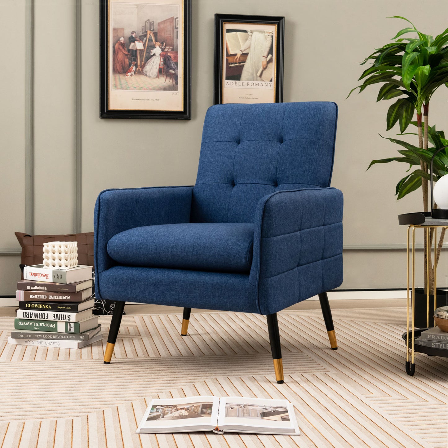 Linen Fabric Accent Chair with Removable Seat Cushion, Blue Accent Chairs at Gallery Canada
