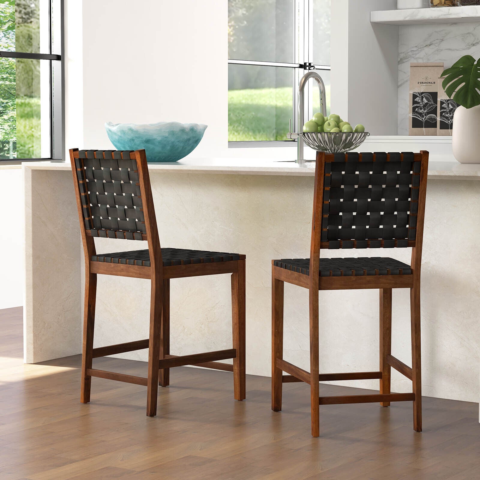 Set of 2 Woven Bar Stools with Faux PU Leather Straps, Black Bar Stools at Gallery Canada