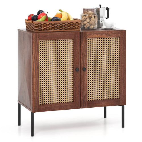 Kitchen Sideboard With 2 Rattan Doors, Adjustable Shelf, Walnut