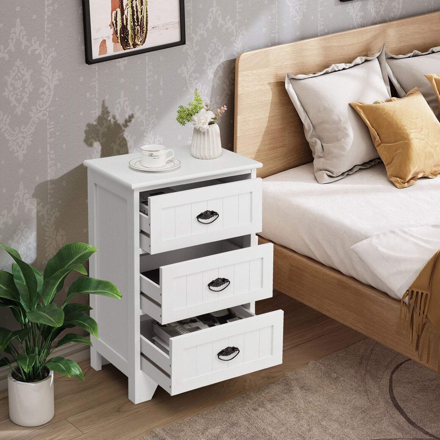 3-Drawer End Storage Wood Side Nightstand, White Nightstands at Gallery Canada