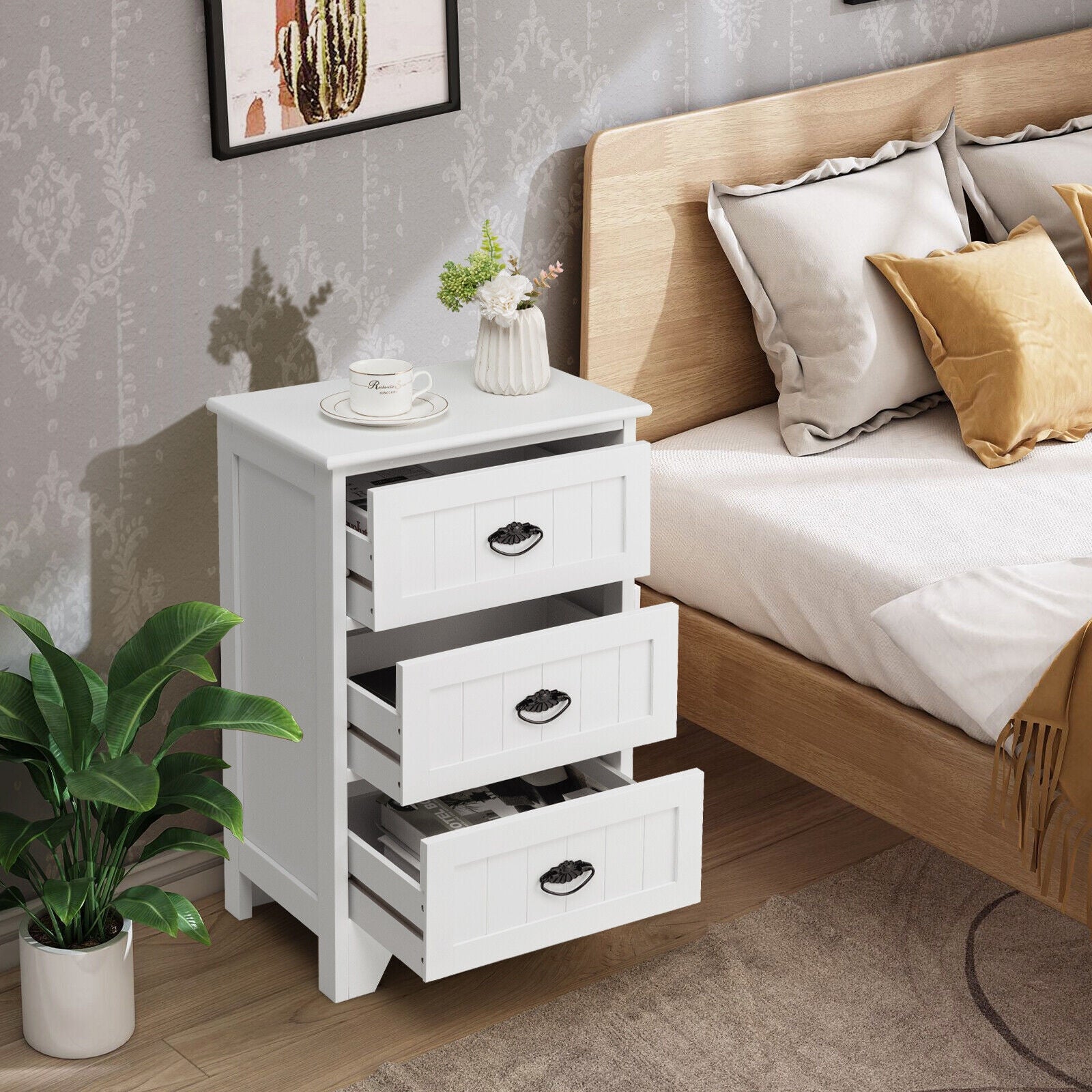3-Drawer End Storage Wood Side Nightstand, White Nightstands at Gallery Canada