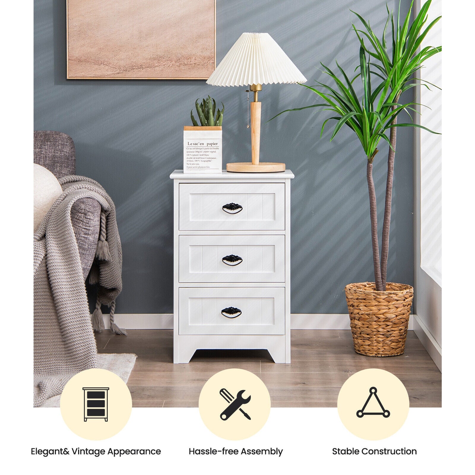 3-Drawer End Storage Wood Side Nightstand, White Nightstands at Gallery Canada