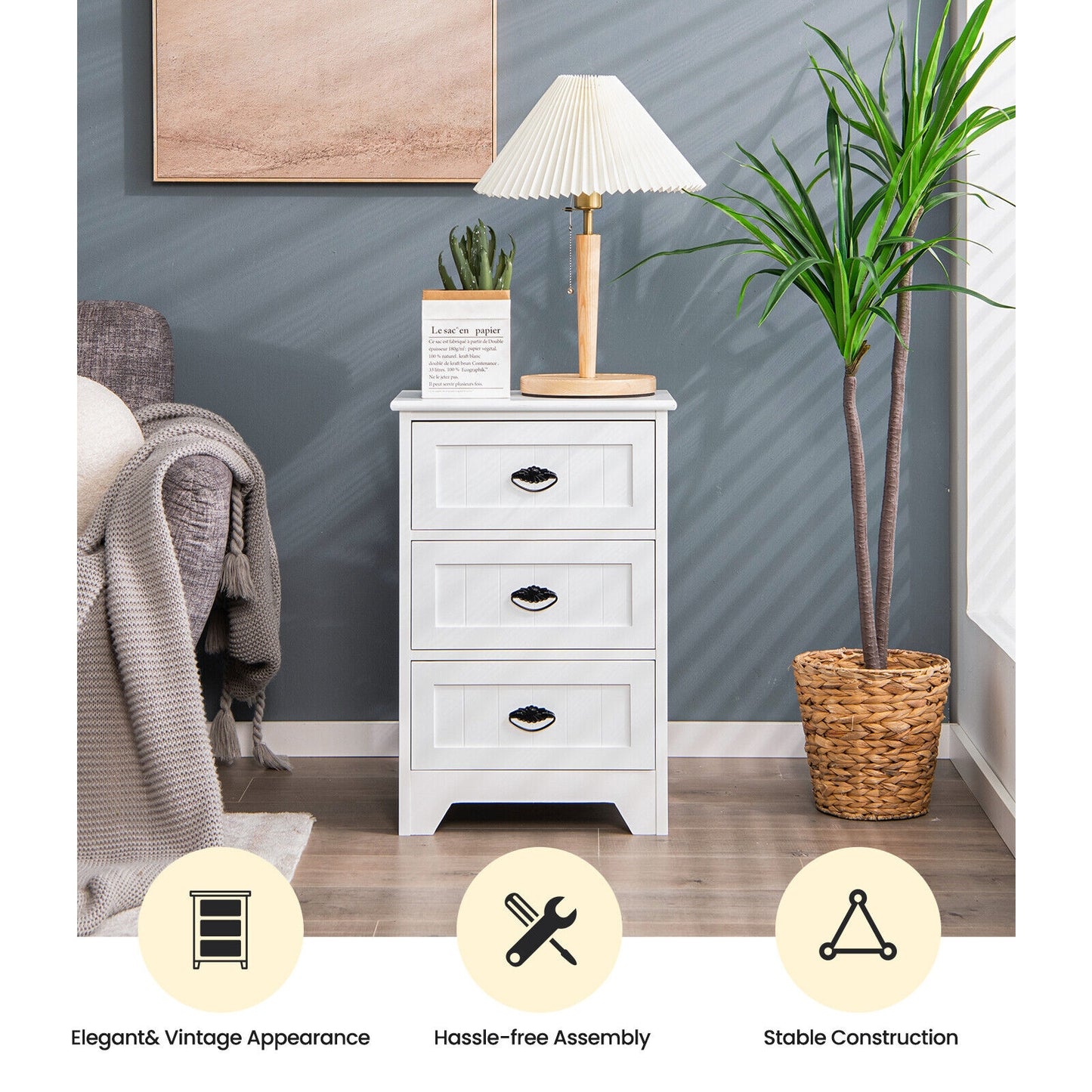 3-Drawer End Storage Wood Side Nightstand, White Nightstands at Gallery Canada