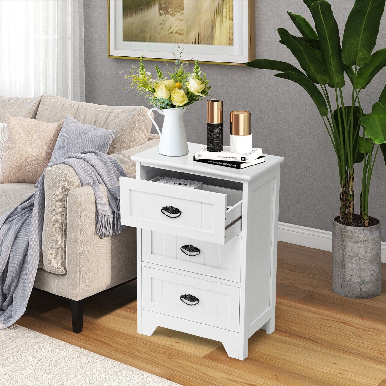 3-Drawer End Storage Wood Side Nightstand, White Nightstands at Gallery Canada