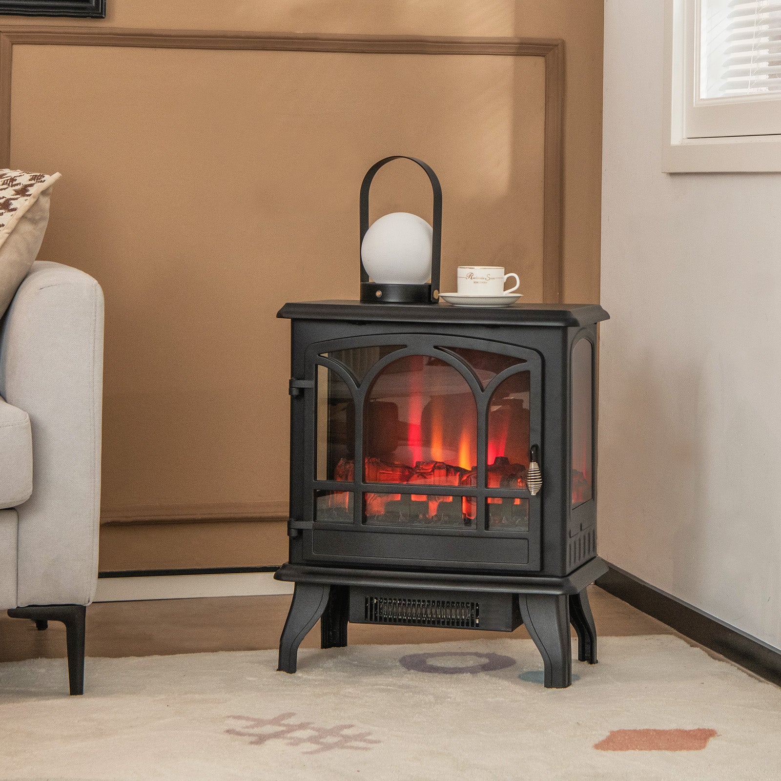 1400W Electric Stove Heater with 3-Level Flame Effect and 3-Sided View, Black Fireplaces at Gallery Canada