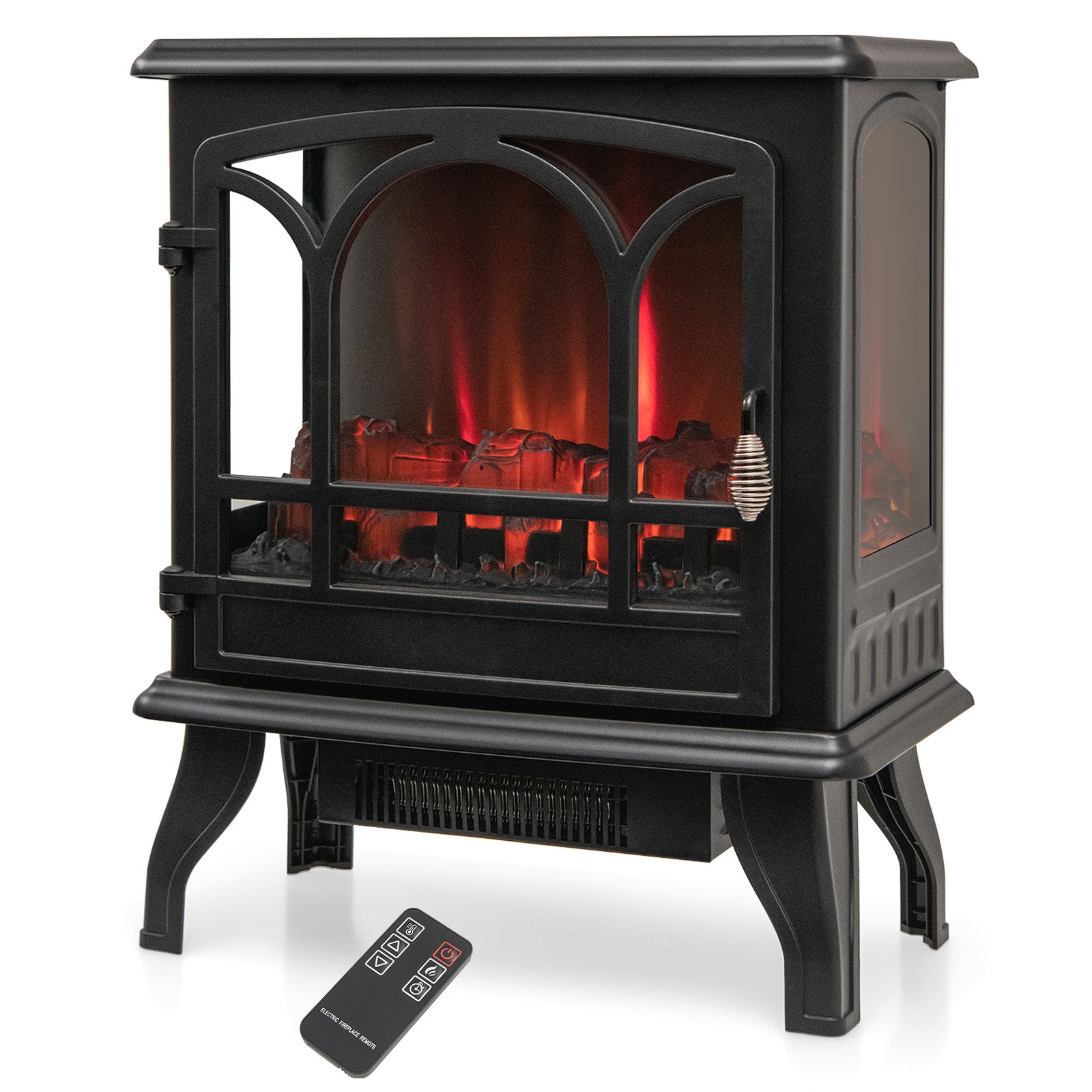 1400W Electric Stove Heater, 3-Level Flame Effect, 3-Sided View, Black Fireplaces Black at Gallery Canada