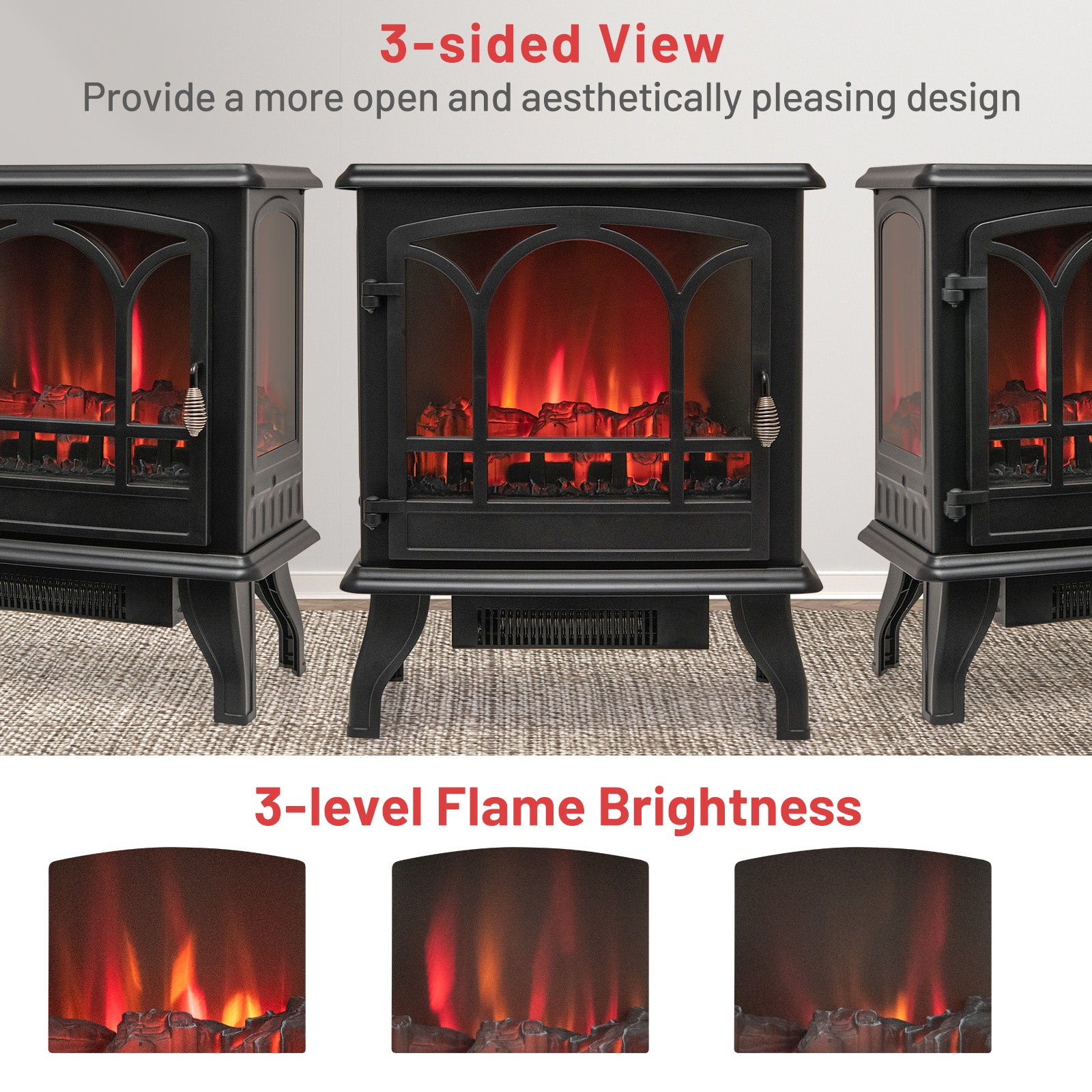 1400W Electric Stove Heater with 3-Level Flame Effect and 3-Sided View, Black Fireplaces at Gallery Canada