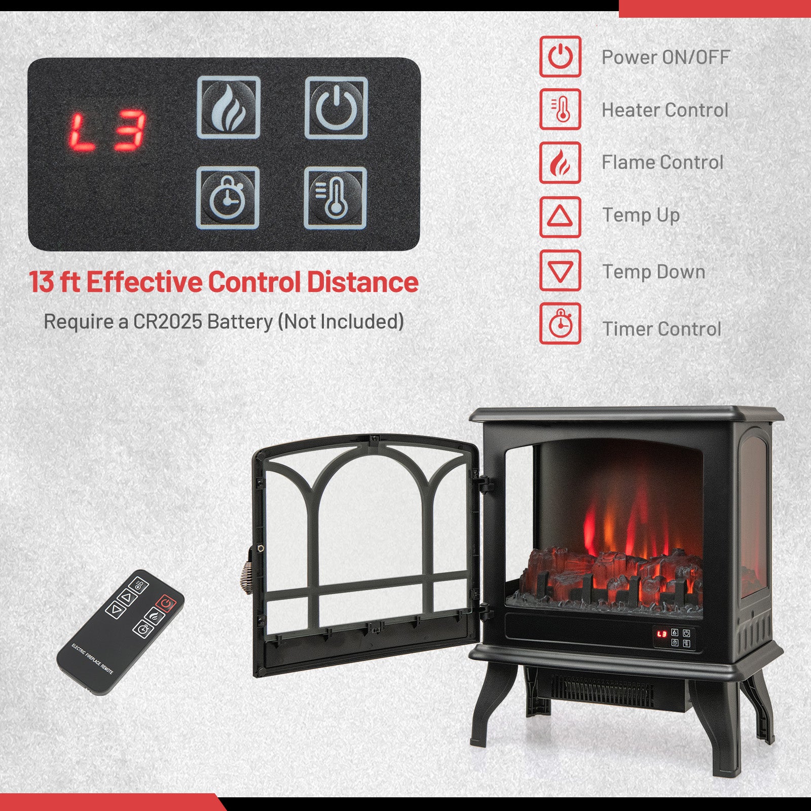 1400W Electric Stove Heater with 3-Level Flame Effect and 3-Sided View, Black Fireplaces at Gallery Canada