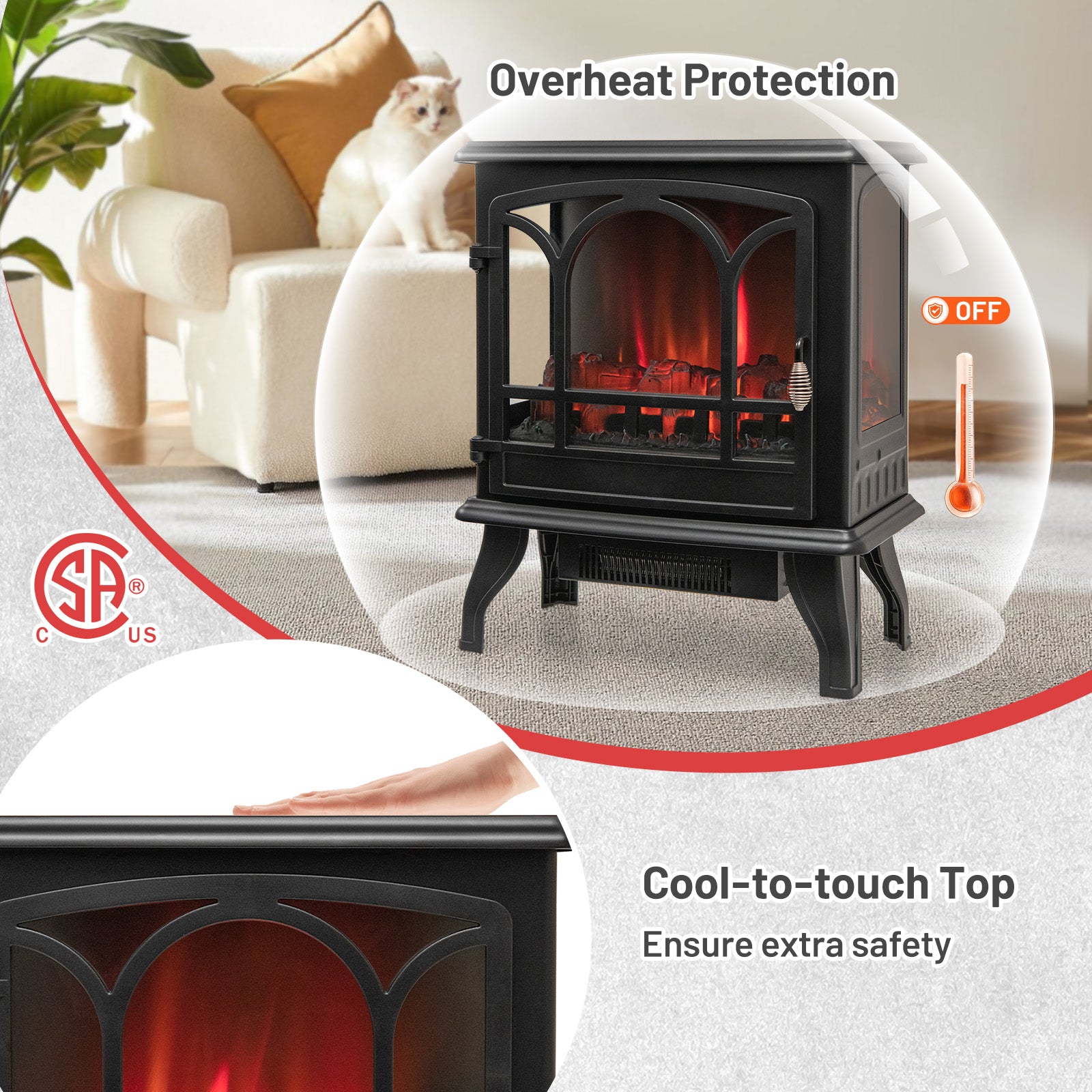 1400W Electric Stove Heater with 3-Level Flame Effect and 3-Sided View, Black Fireplaces at Gallery Canada