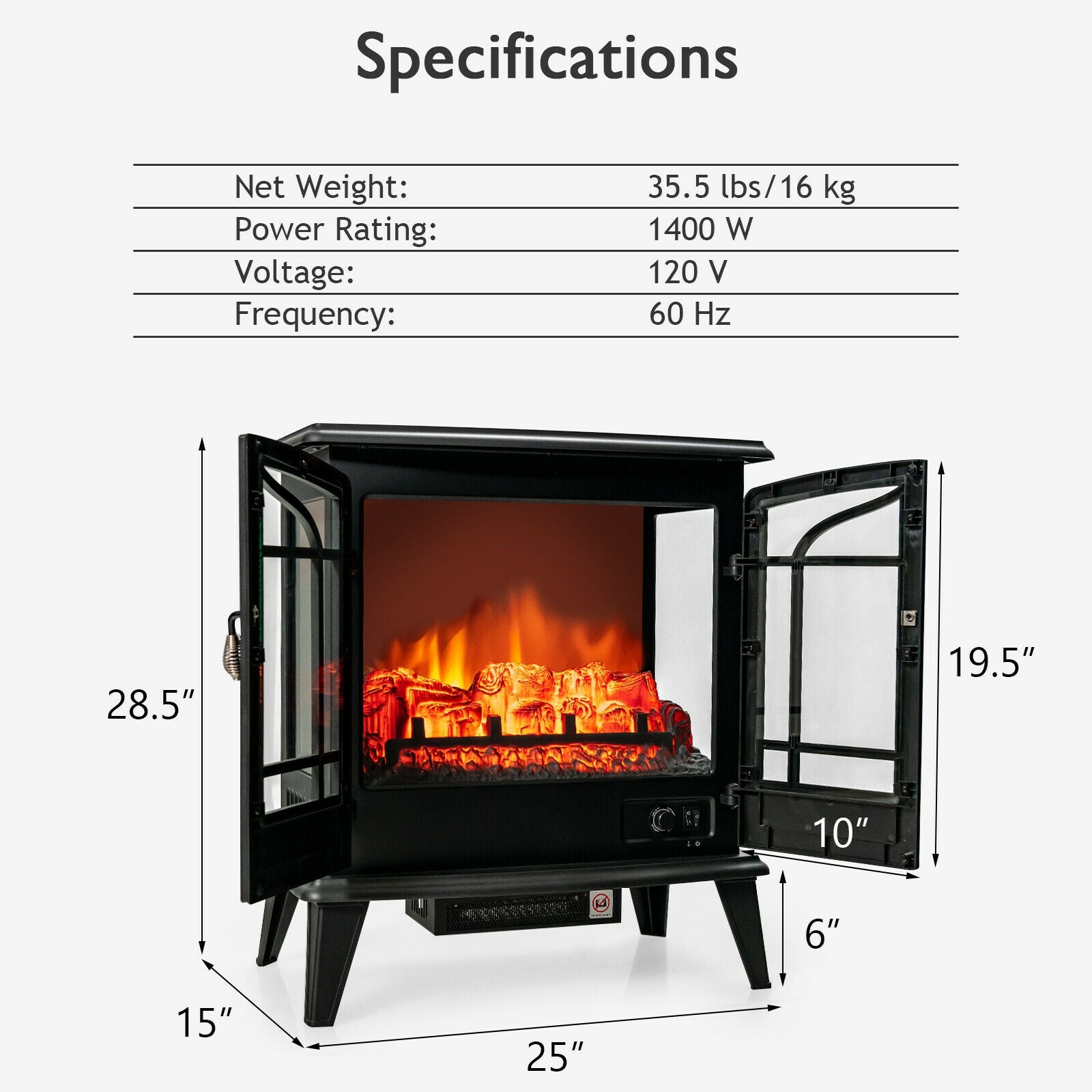 25 Inch Freestanding Electric Fireplace Heater with Realistic Flame effect, Black Fireplaces at Gallery Canada