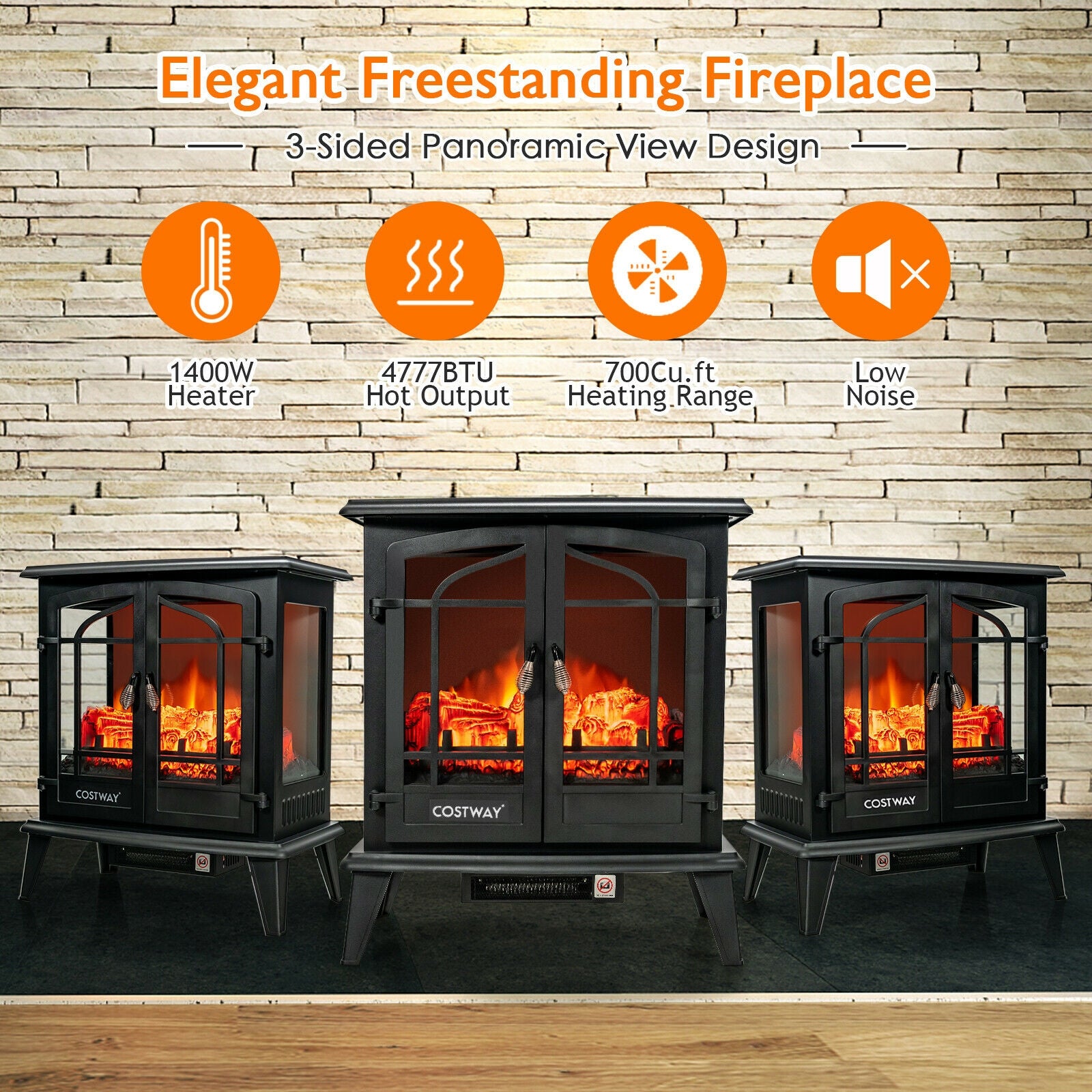 25 Inch Freestanding Electric Fireplace Heater with Realistic Flame effect, Black Fireplaces at Gallery Canada