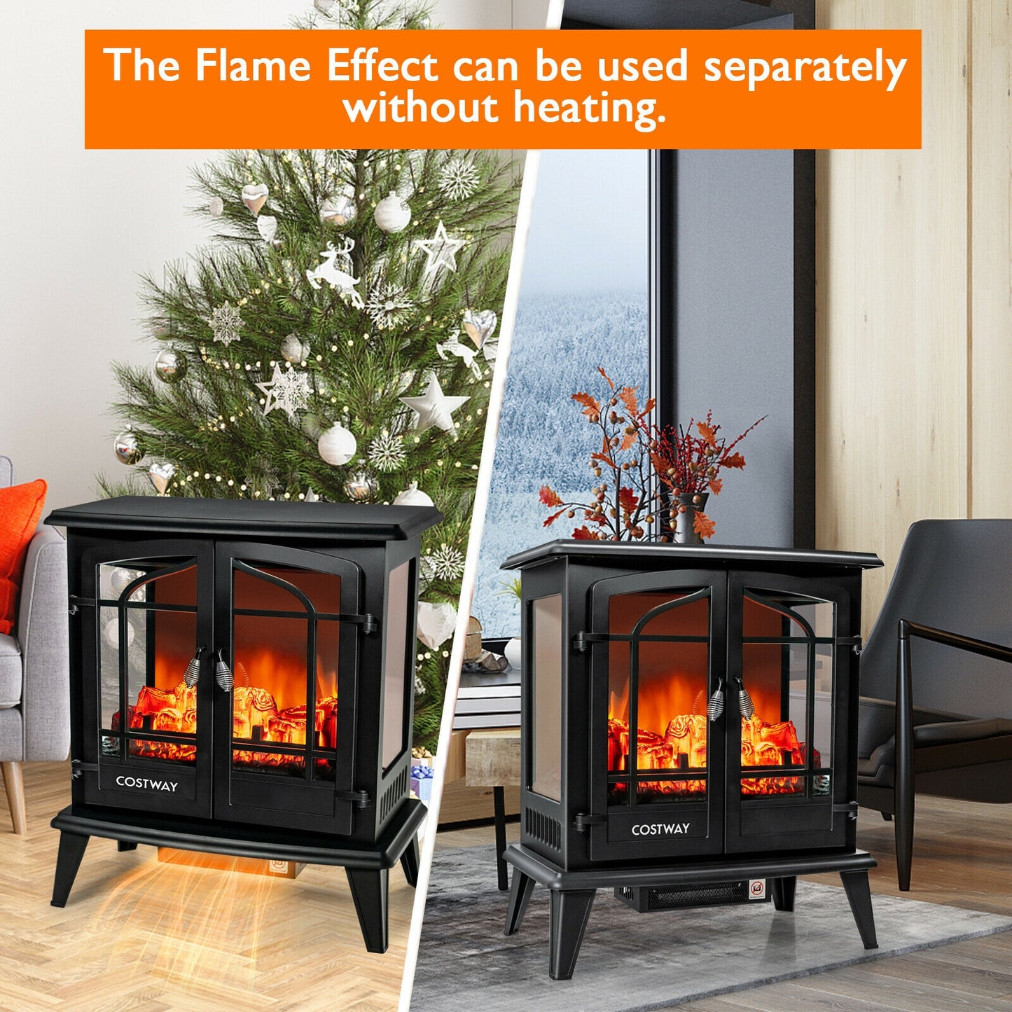 25 Inch Freestanding Electric Fireplace Heater with Realistic Flame effect, Black Fireplaces at Gallery Canada