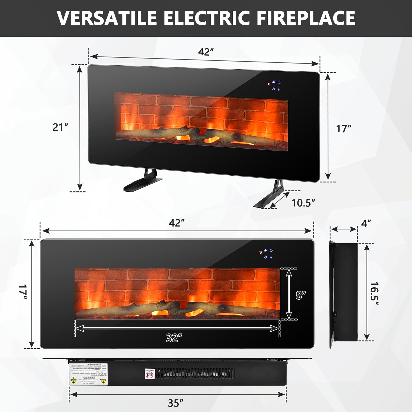 42 Inch Electric Wall Mounted Freestanding Fireplace with Remote Control, Black Fireplaces at Gallery Canada