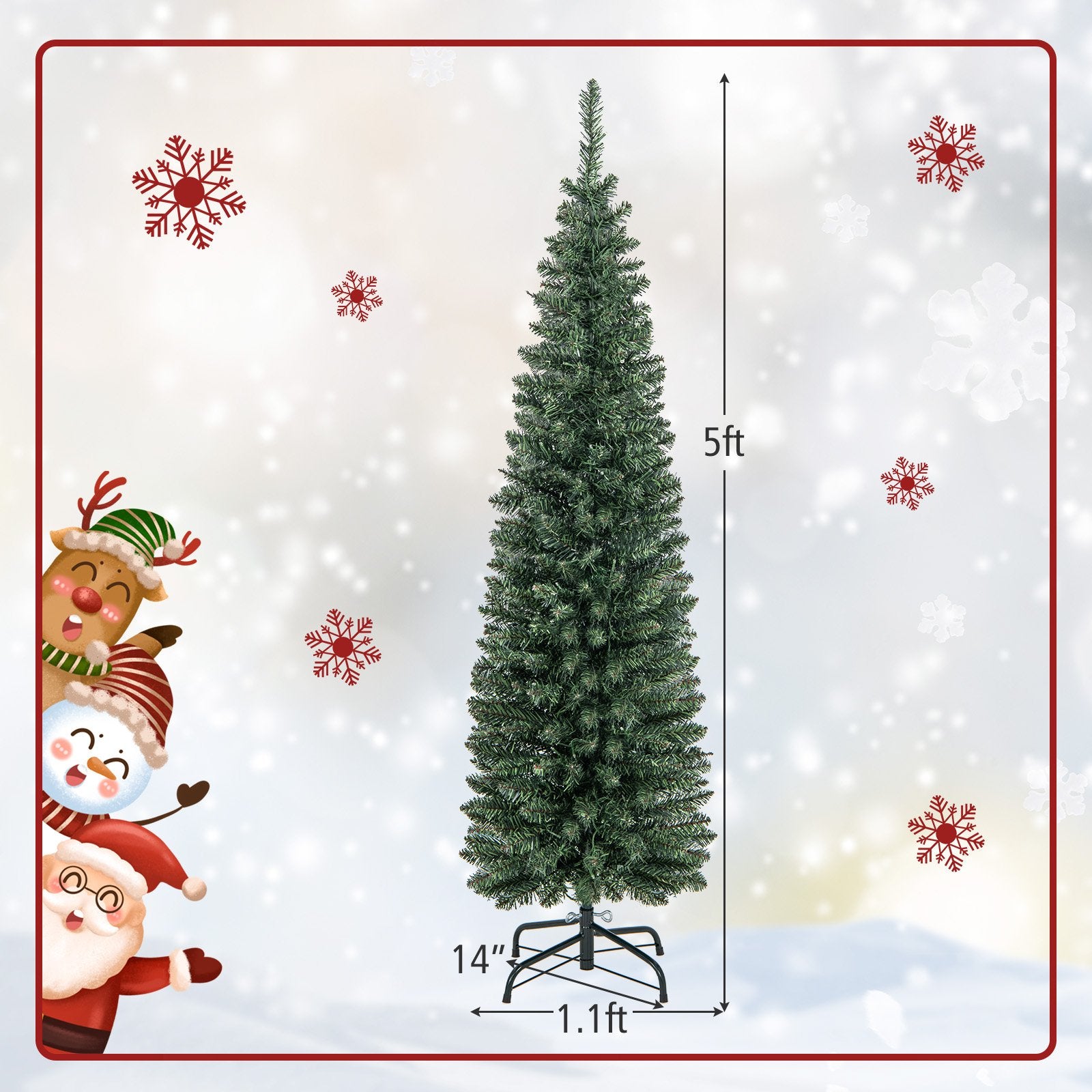 5/6/7/8/9 Feet Pre-lit Pencil Artificial Christmas Tree with 150/180/200//300/400 Warm White LED Lights-5 ft, Green - Gallery Canada
