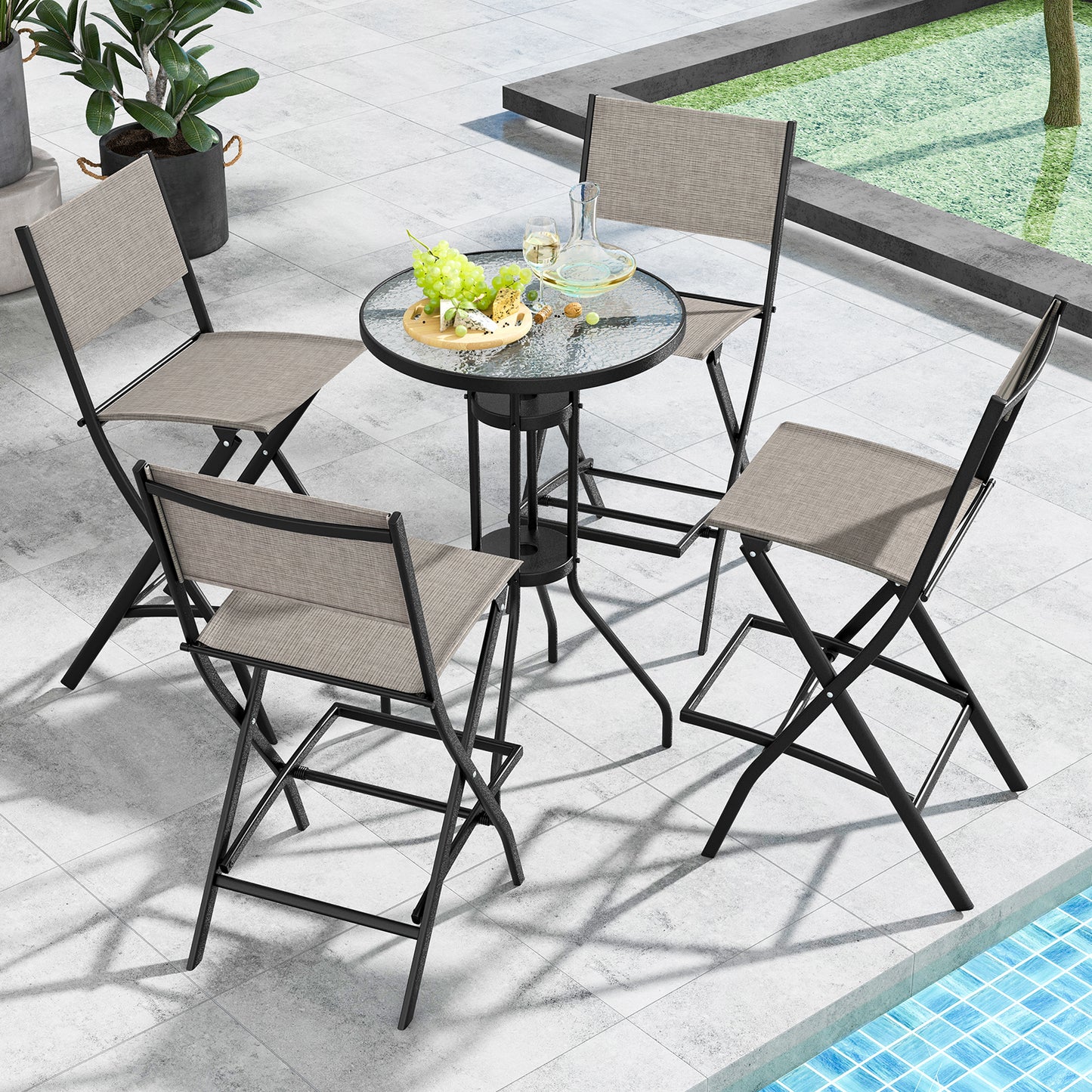 Outdoor Folding Bar Height Stool Set of 4 with Metal Frame and Footrest, Coffee Patio Bar Furniture at Gallery Canada