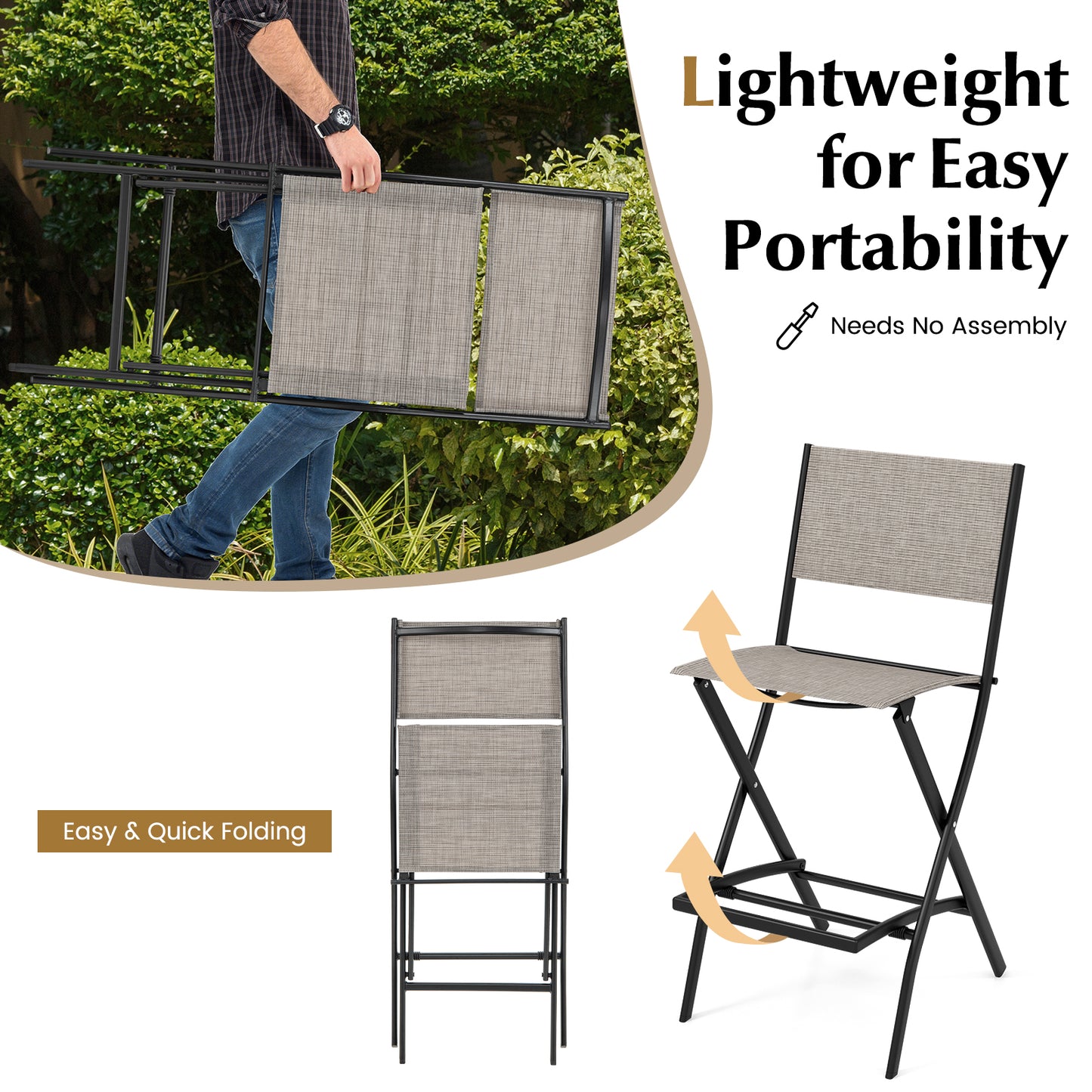 Outdoor Folding Bar Height Stool Set of 4 with Metal Frame and Footrest, Coffee Patio Bar Furniture at Gallery Canada