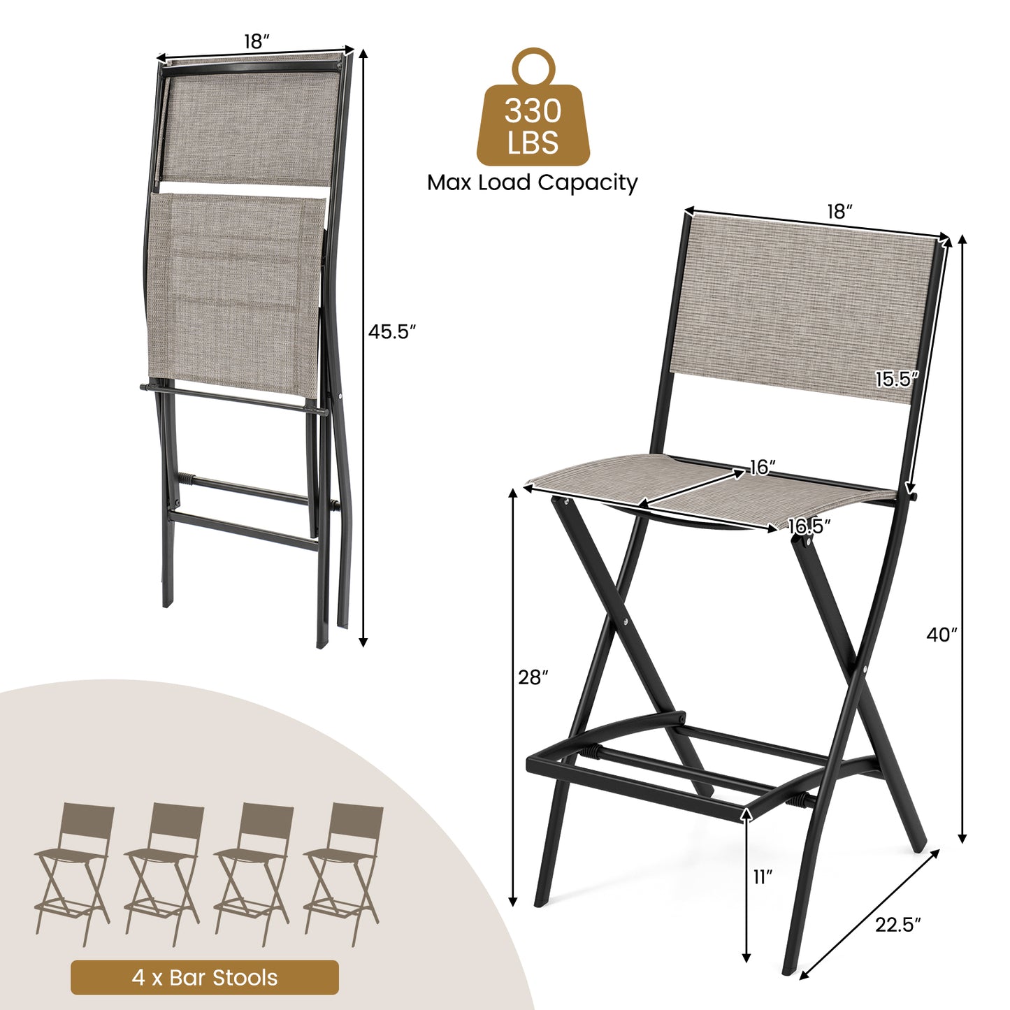 Outdoor Folding Bar Height Stool Set of 4 with Metal Frame and Footrest, Coffee Patio Bar Furniture at Gallery Canada