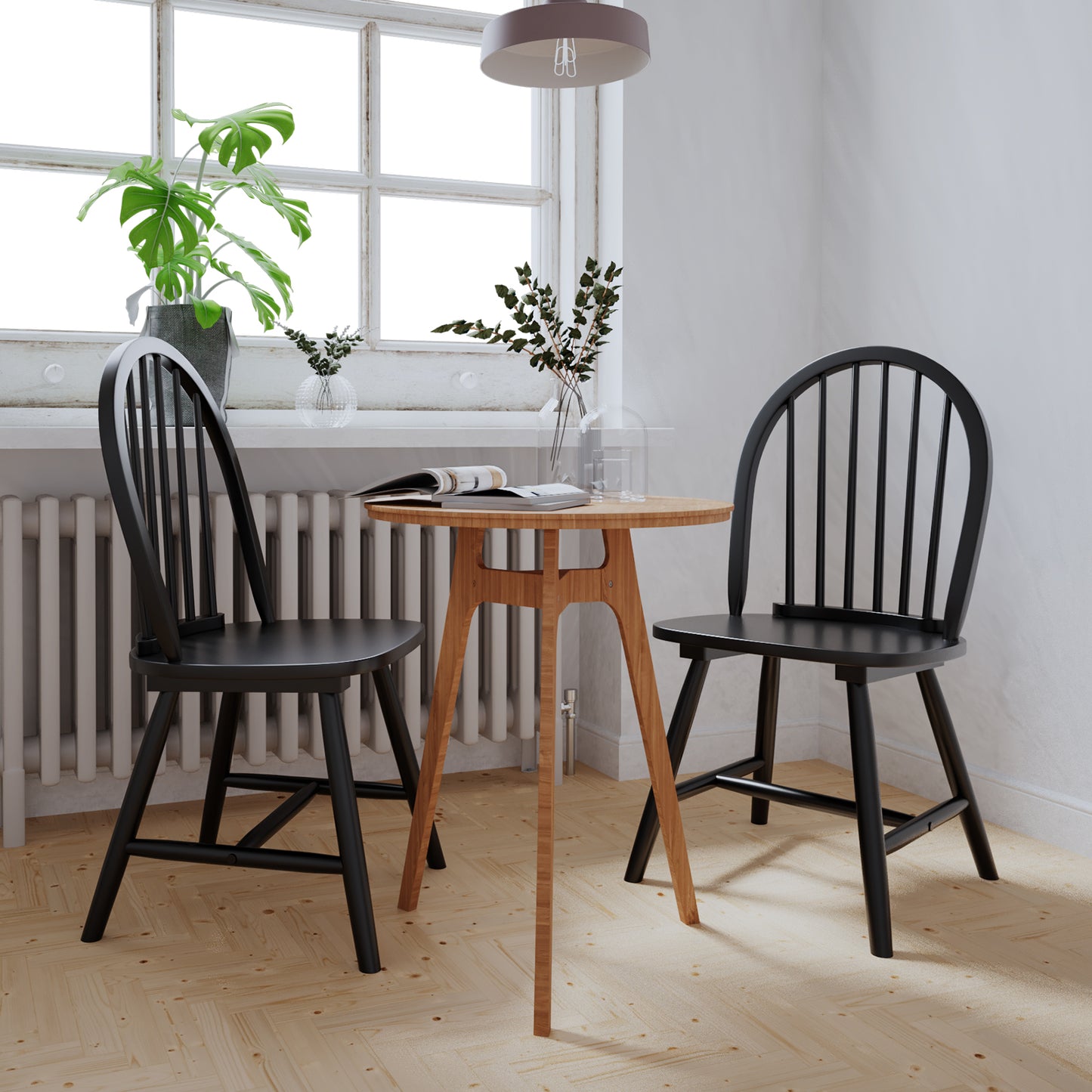 Set of 2 Vintage Windsor Wood Chair, Spindle Back, Black