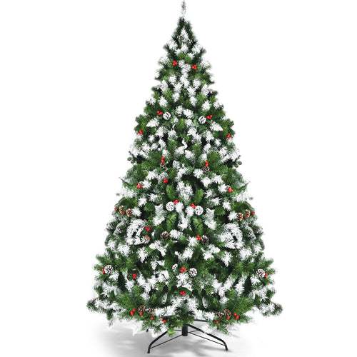 Pre-lit Snow Flocked Christmas Tree with Red Berries and LED Lights-6 Feet, Green
