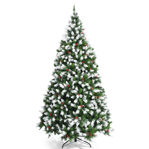 Pre-lit Snow Flocked Christmas Tree with Red Berries and LED Lights-7.5 Feet, Green