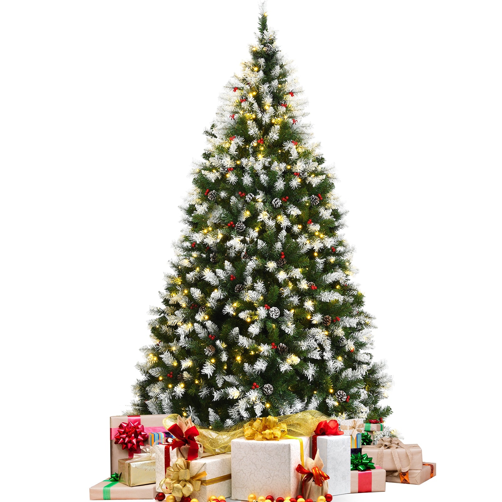 Pre-lit Snow Flocked Christmas Tree with Red Berries and LED Lights-7.5 Feet, Green Christmas Tree at Gallery Canada